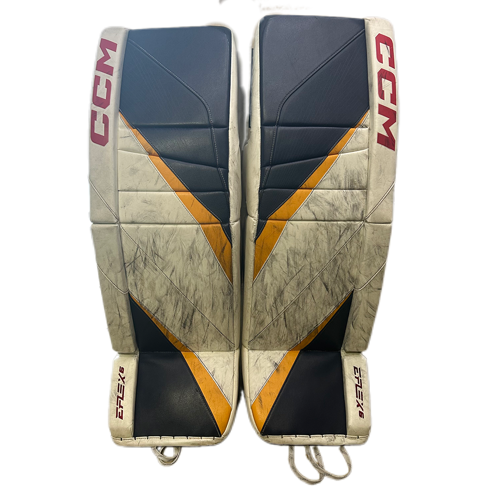 CCM Extreme Flex 6 - Used Pro Stock Goalie Pads (White/Navy/Yellow)