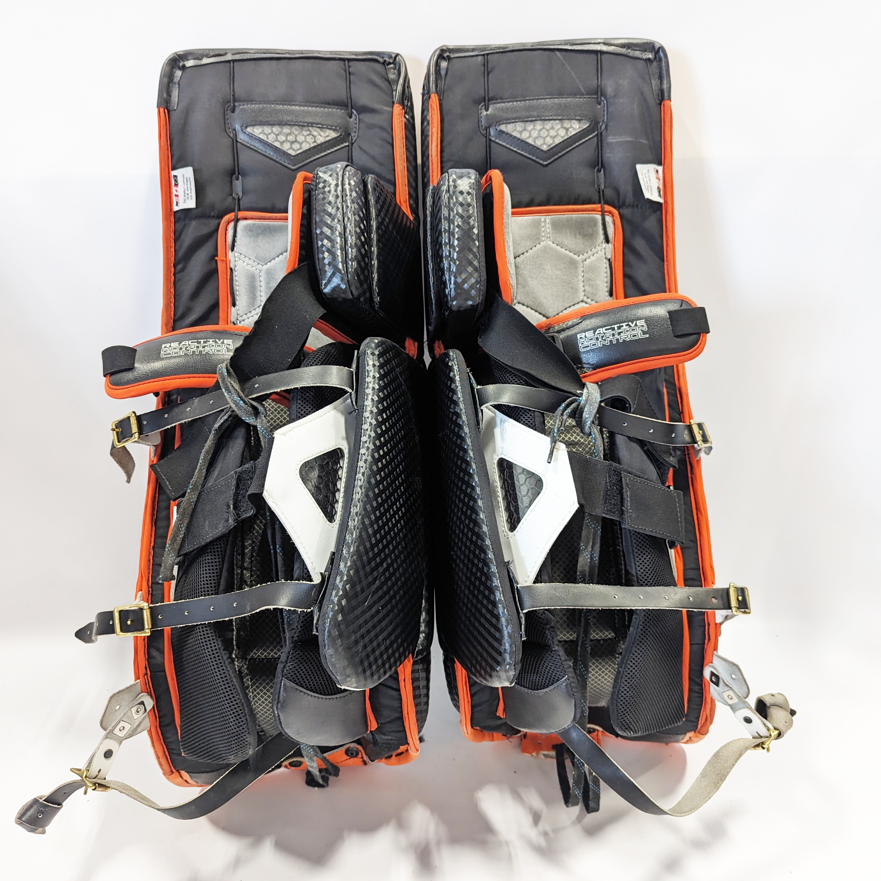 Vaughn Ventus SLR - Jambières de gardien NCCA Pro Stock d'occasion (noir/orange/blanc)