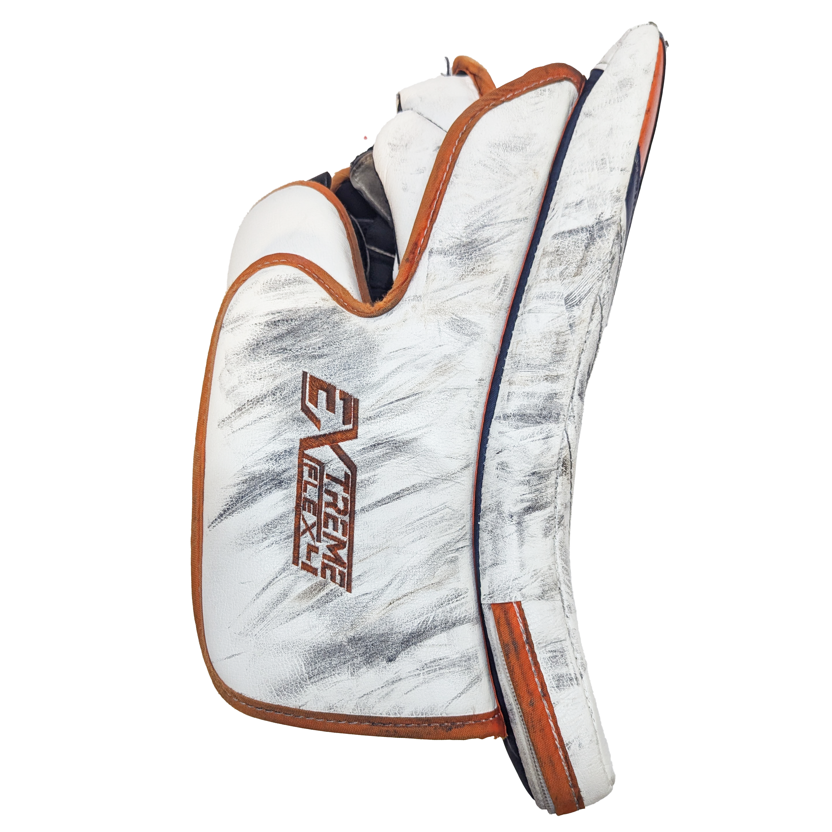 CCM Extreme Flex 4 - Bloqueur de gardien de but WHL Pro Stock d'occasion (blanc/bleu marine/orange)