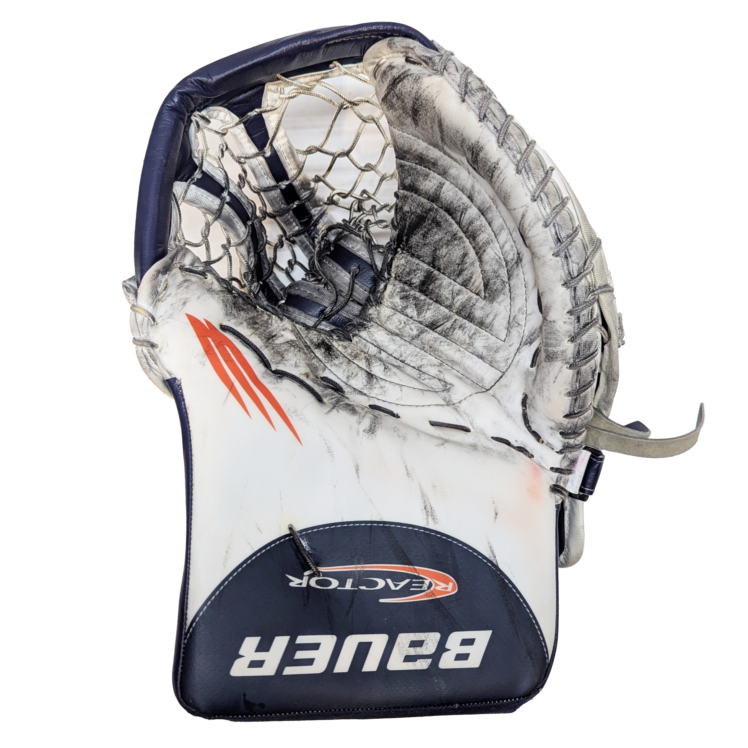 Bauer Vapor Hyperlite - Ballon de gardien de but WHL Pro Stock d'occasion (blanc/bleu marine/orange) *habillé en Reactor*