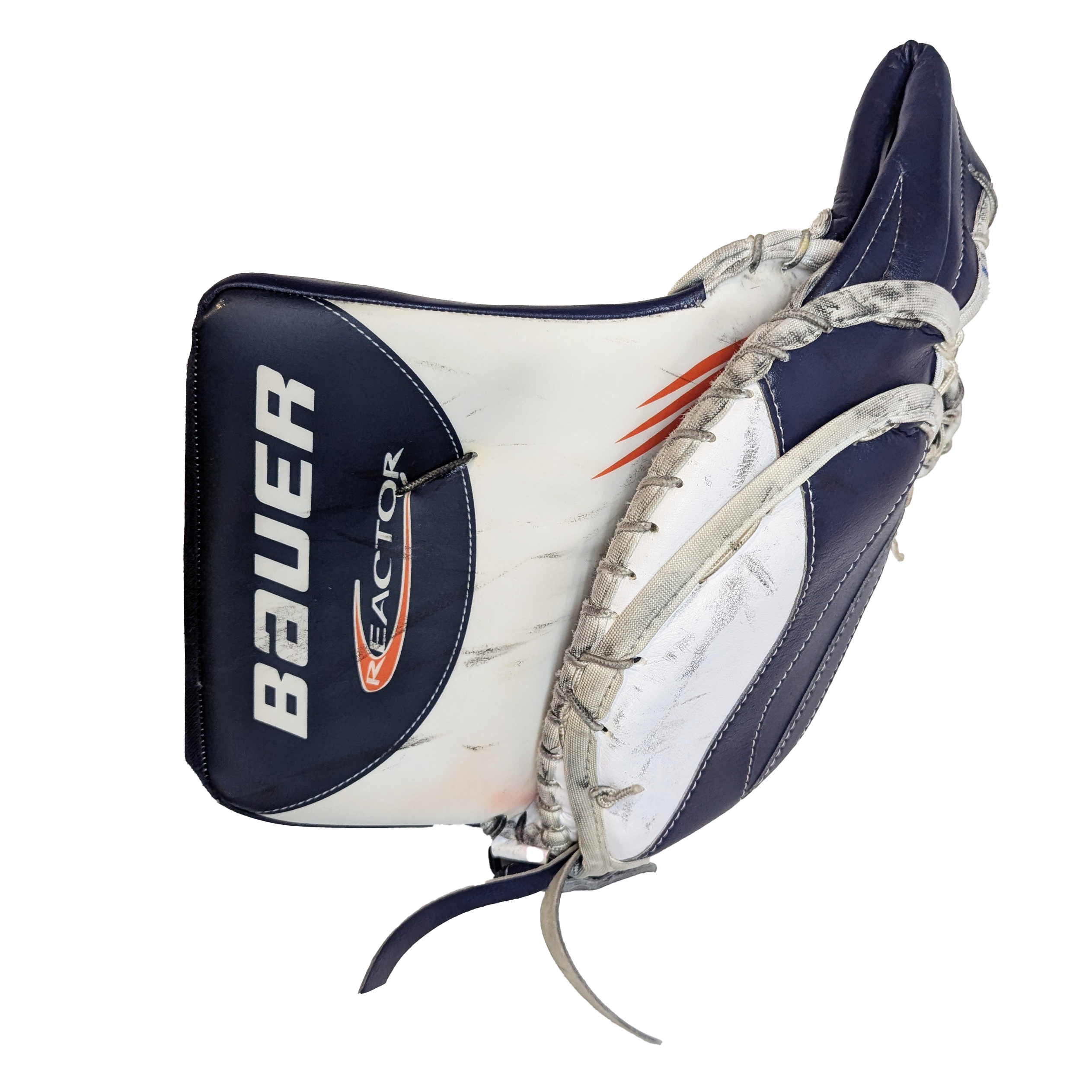 Bauer Vapor Hyperlite - Ballon de gardien de but WHL Pro Stock d'occasion (blanc/bleu marine/orange) *habillé en Reactor*