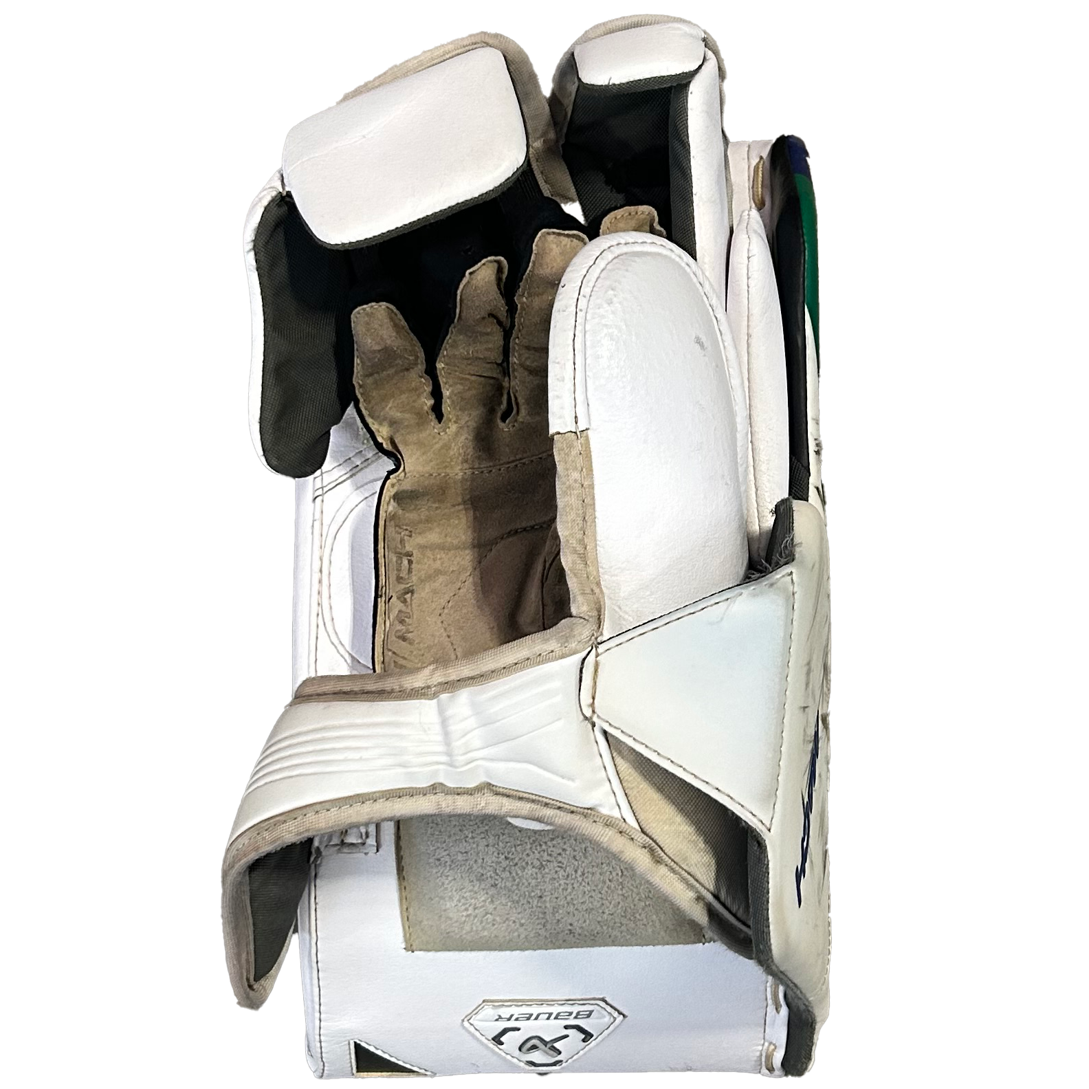 Bauer Supreme Mach - Used Pro Stock Goalie Blocker - (White/Blue/Green)