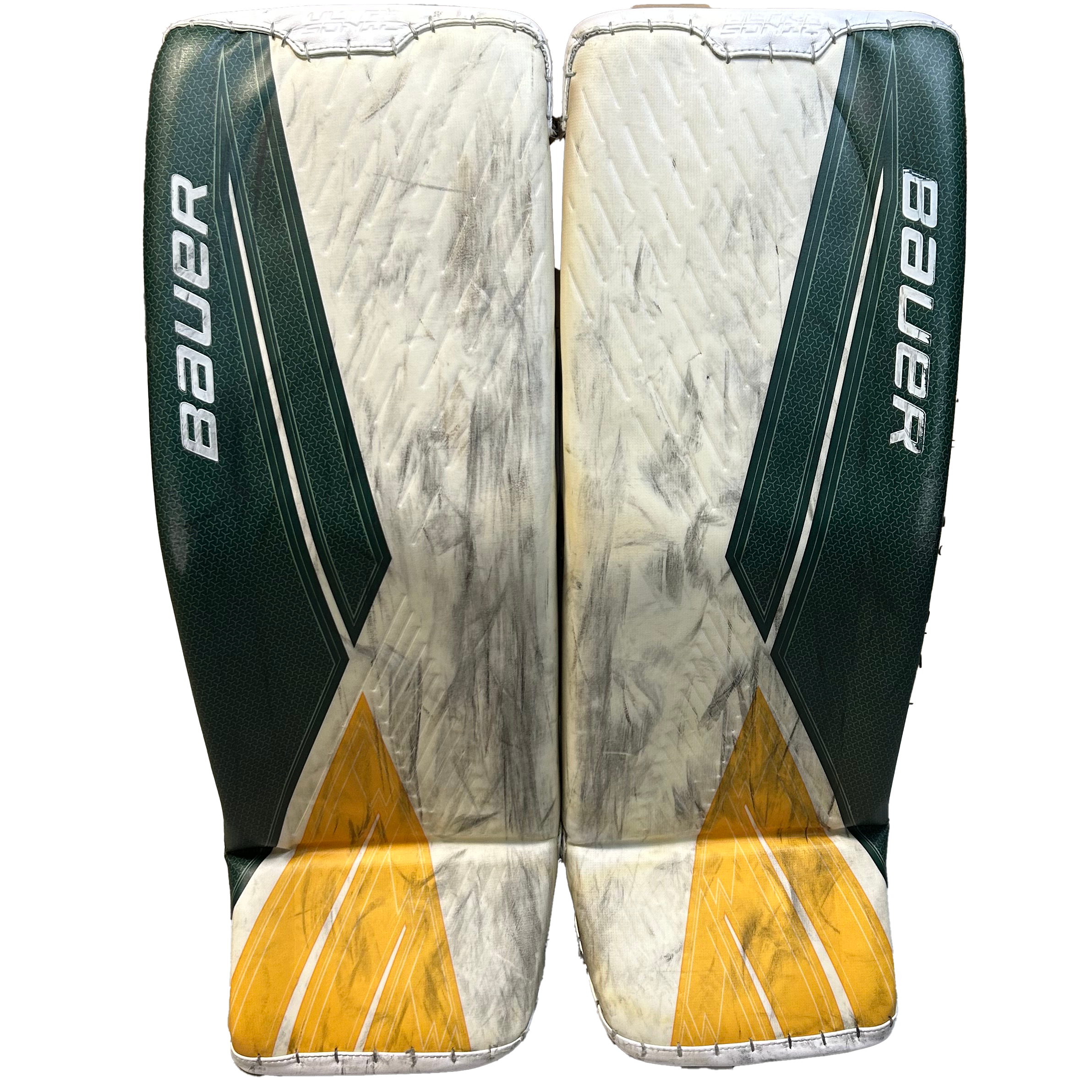 Bauer Supreme Ultrasonic - Used Pro Stock Goalie Pads (White/Green/Yellow)