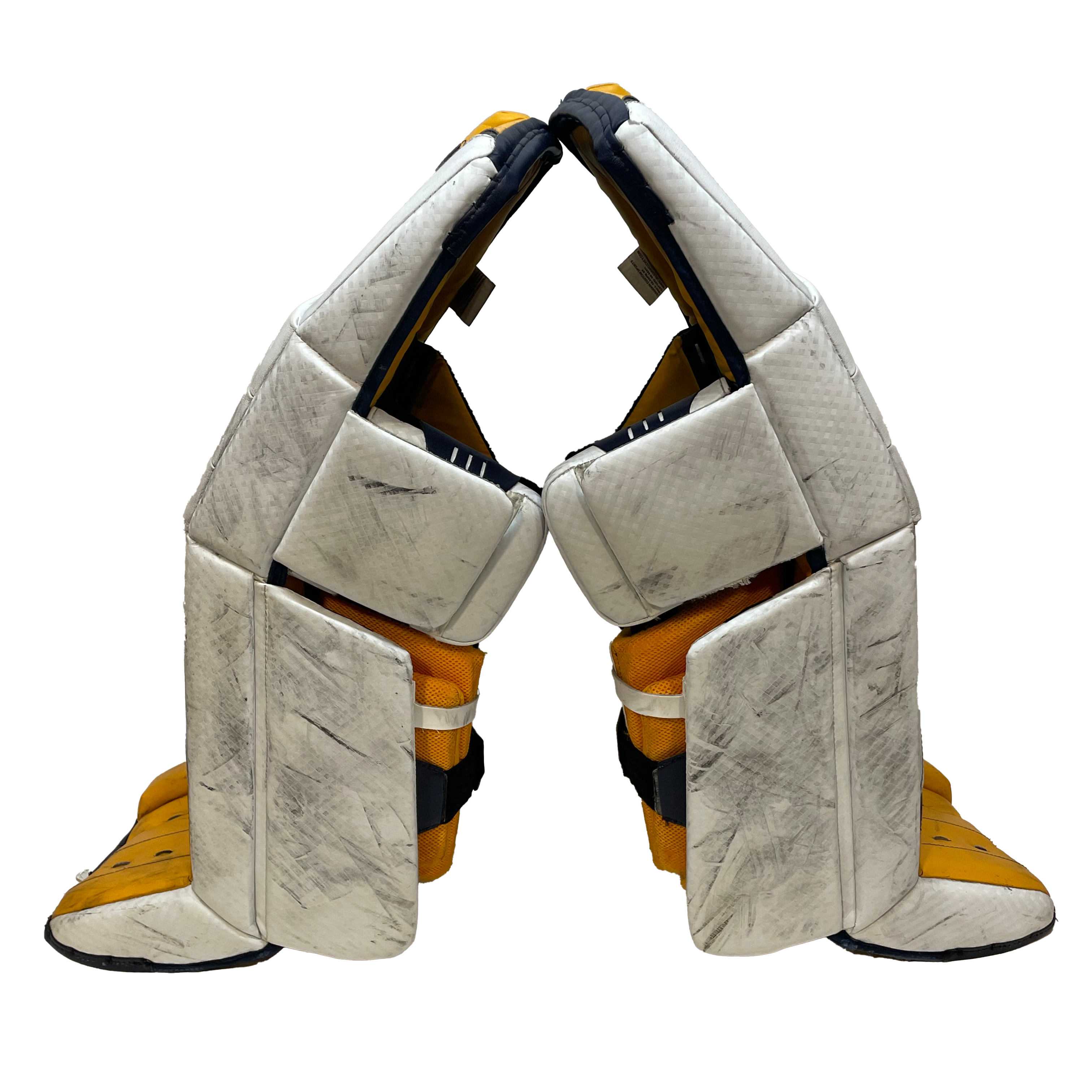 Vaughn Velocity V9 - Jambières de gardien senior Pro Stock d'occasion (blanc/jaune/bleu marine)