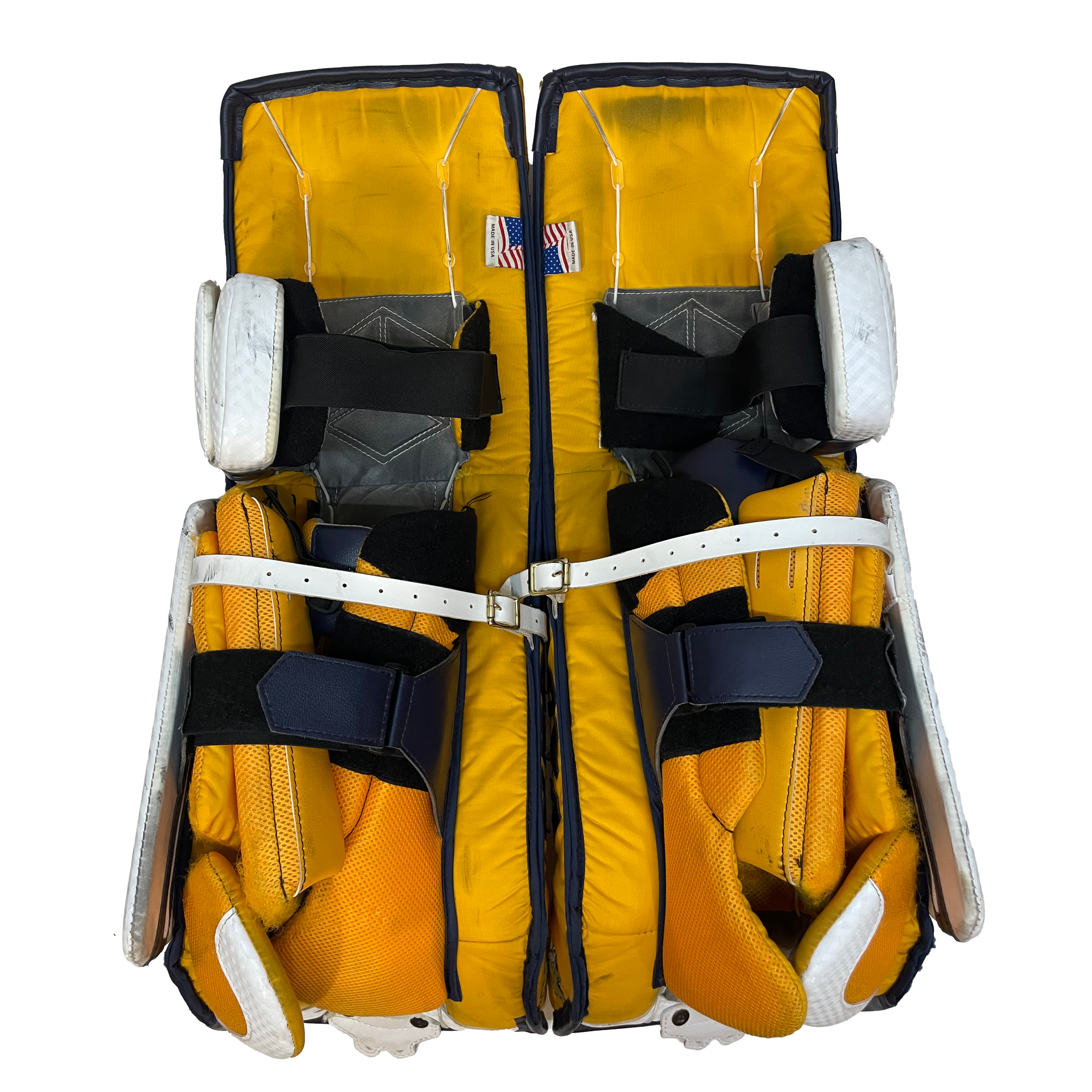 Vaughn Velocity V9 - Jambières de gardien senior Pro Stock d'occasion (blanc/jaune/bleu marine)