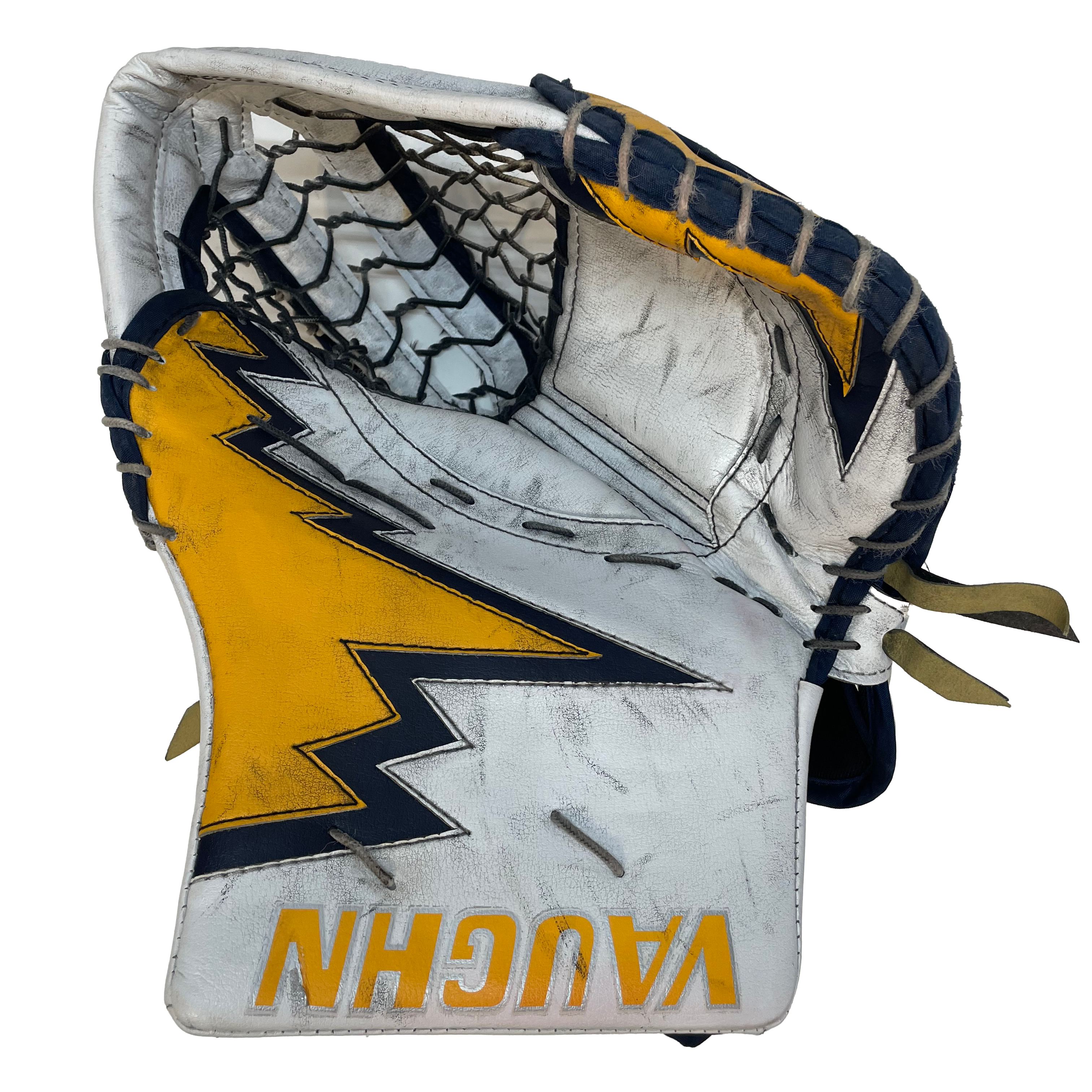 Vaughn Velocity V9 - Jambières de gardien senior Pro Stock d'occasion (blanc/jaune/bleu marine)