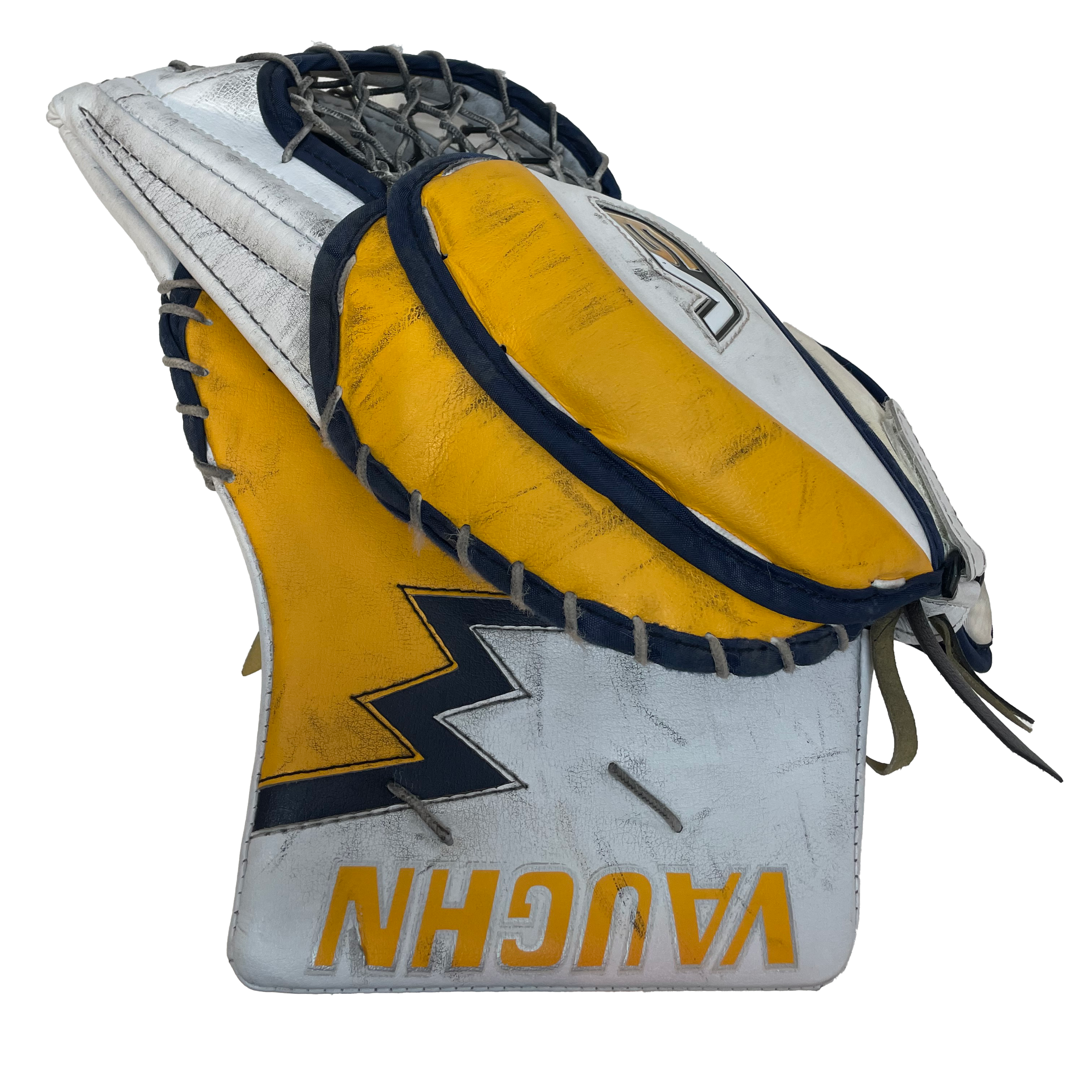 Vaughn Velocity V9 - Jambières de gardien senior Pro Stock d'occasion (blanc/jaune/bleu marine)