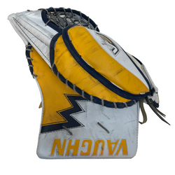Vaughn Velocity V9 - Used Pro Stock Senior Goalie Pads (White/Yellow/Navy)