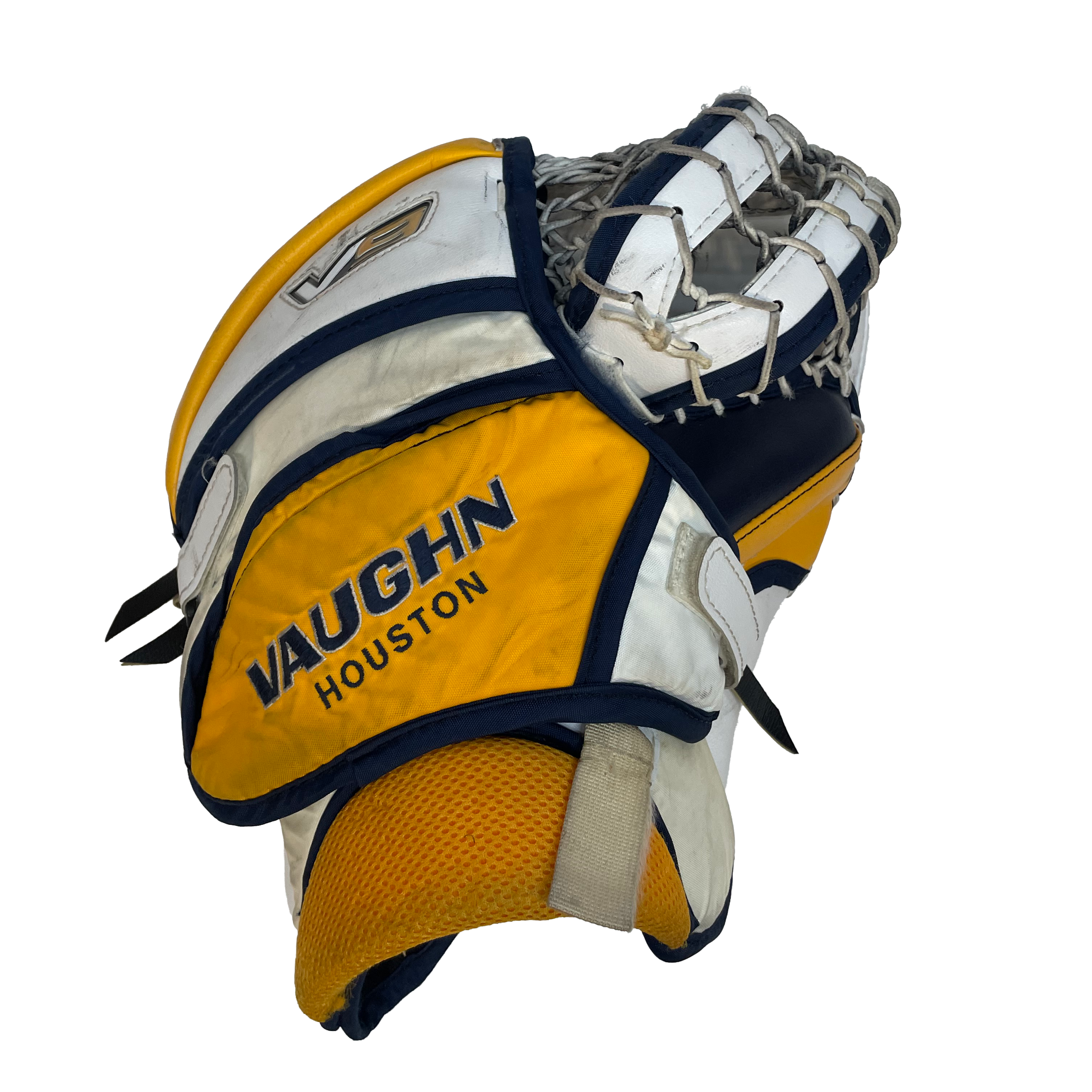 Vaughn Velocity V9 - Jambières de gardien senior Pro Stock d'occasion (blanc/jaune/bleu marine)