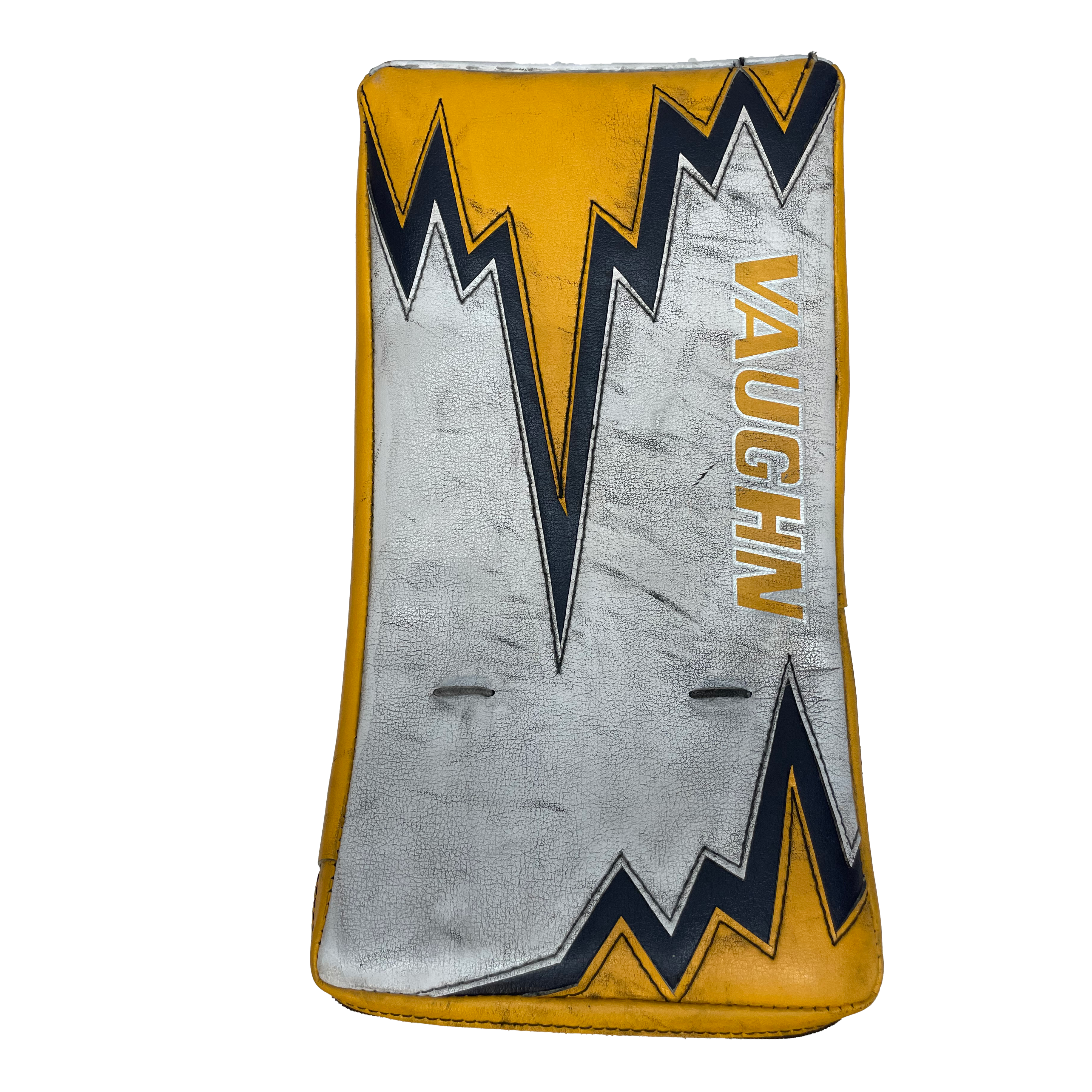 Vaughn Velocity V9 - Jambières de gardien senior Pro Stock d'occasion (blanc/jaune/bleu marine)