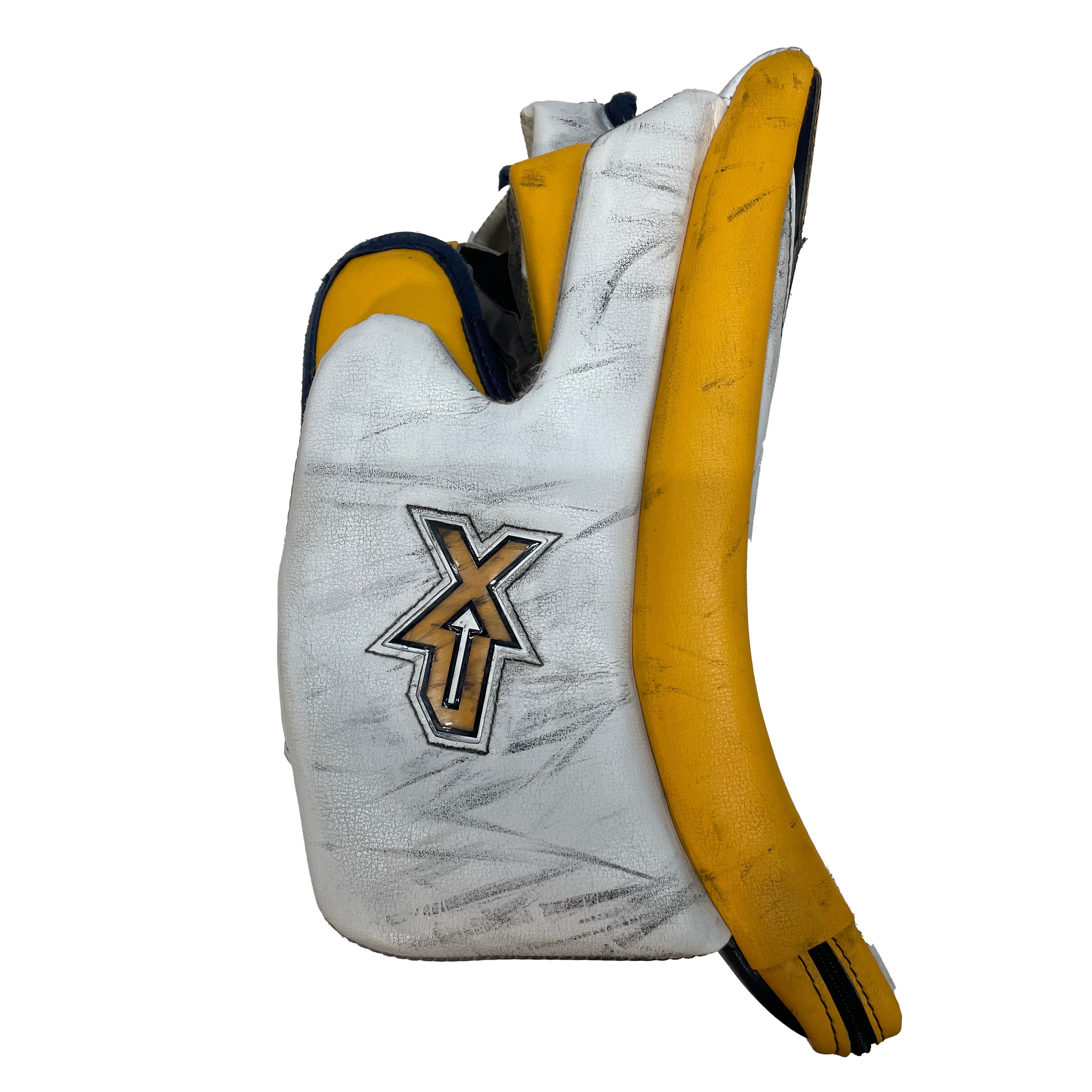 Vaughn Velocity V9 - Jambières de gardien senior Pro Stock d'occasion (blanc/jaune/bleu marine)