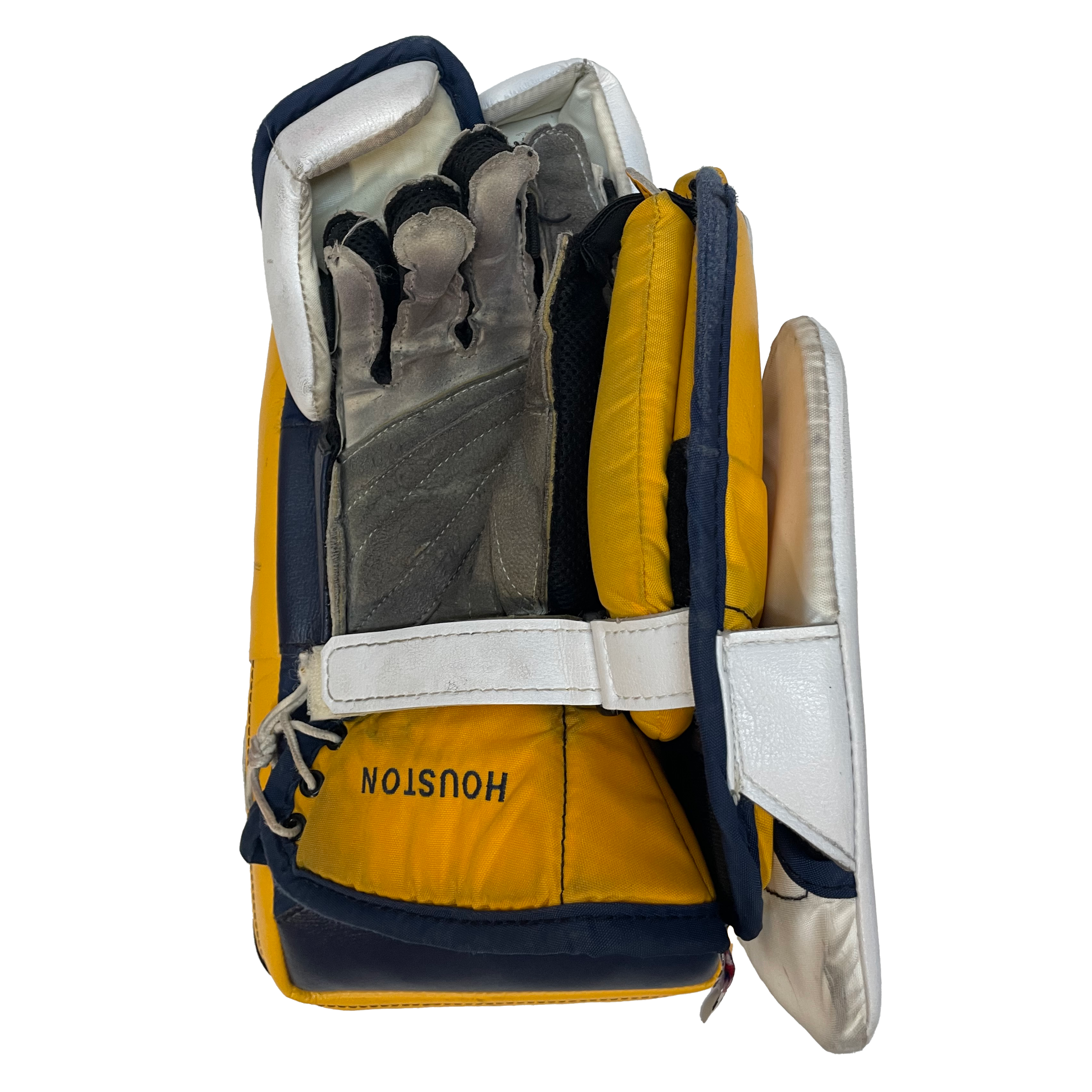 Vaughn Velocity V9 - Jambières de gardien senior Pro Stock d'occasion (blanc/jaune/bleu marine)