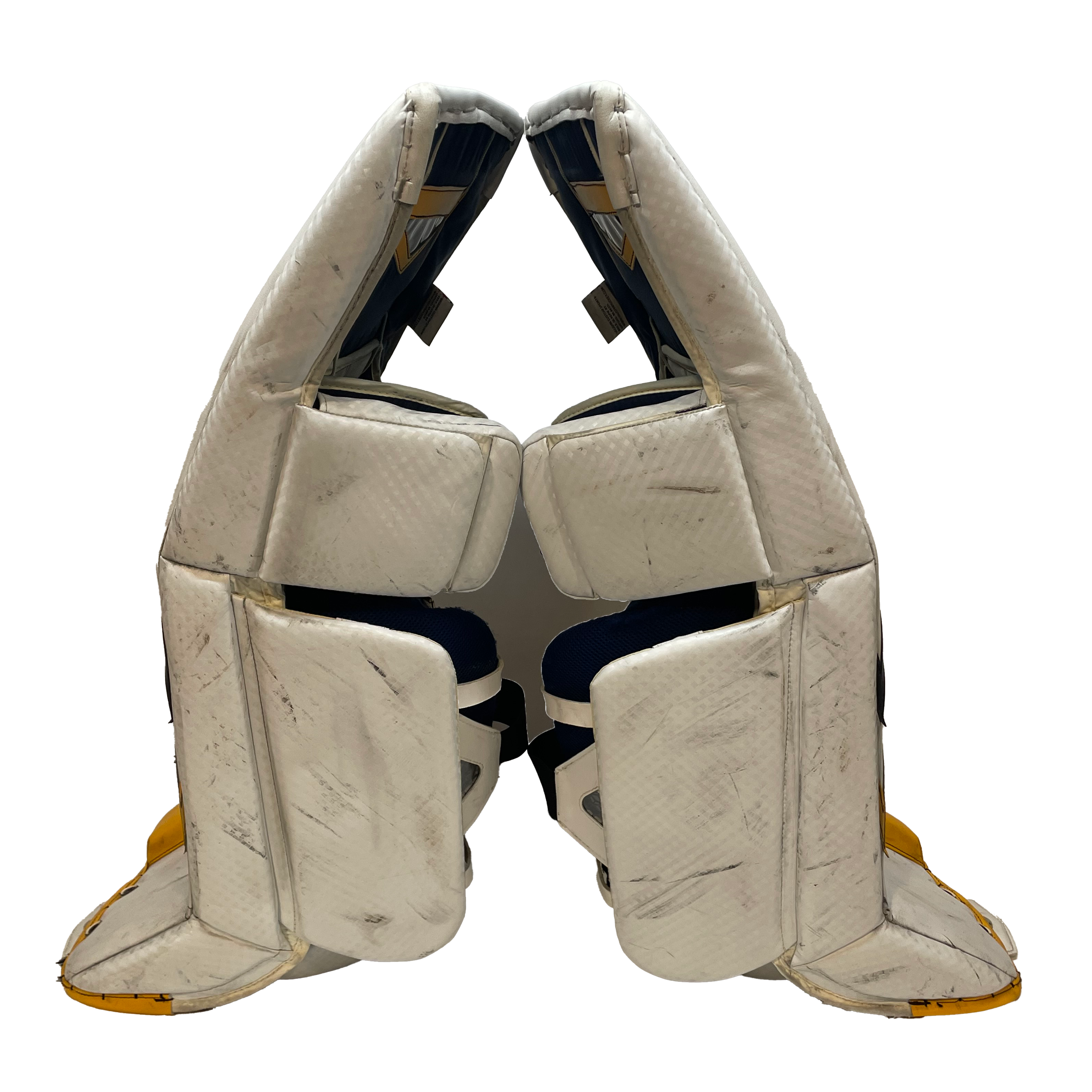 Vaughn Ventus SLR - Jambières de gardien de but Pro Stock d'occasion (blanc/jaune/bleu marine)