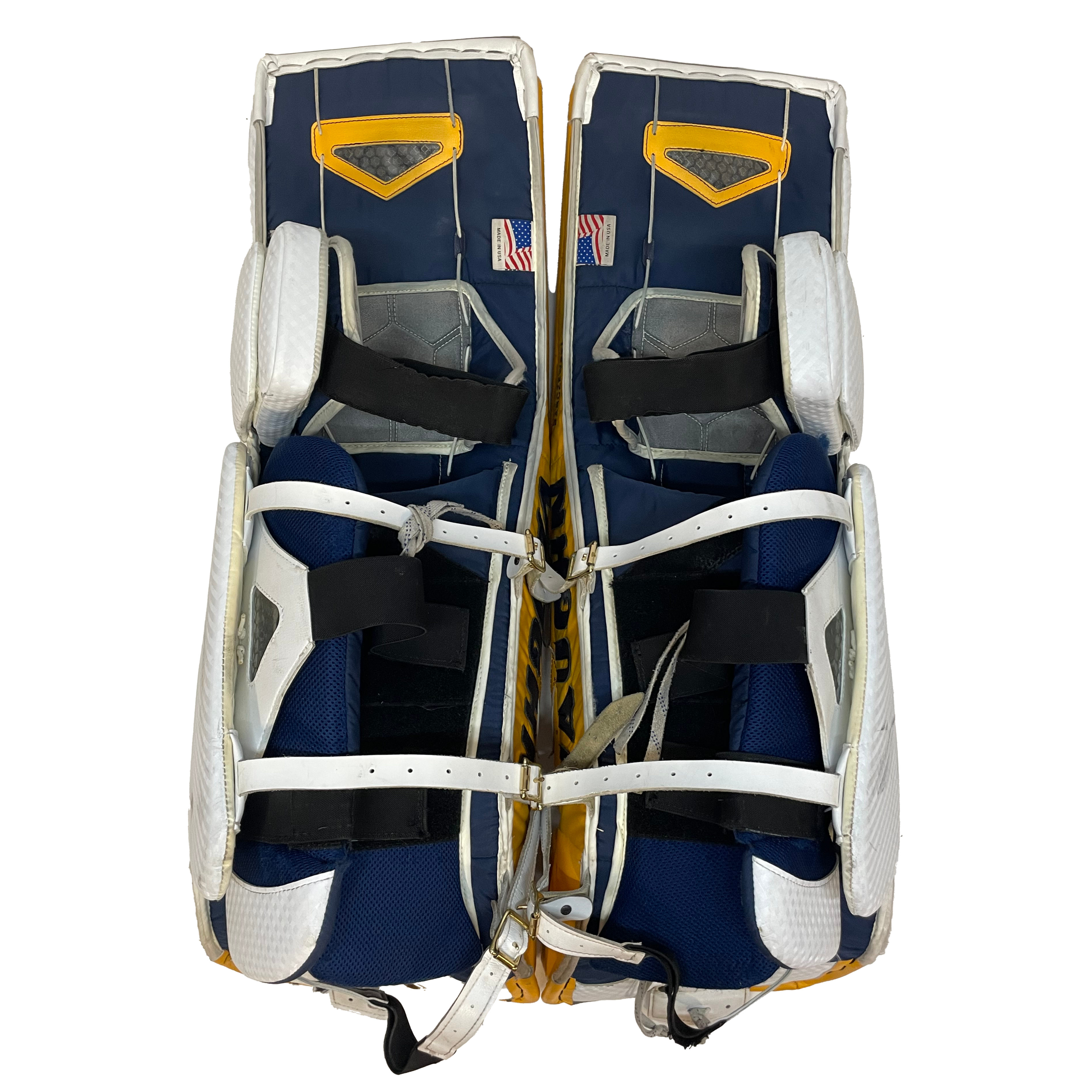 Vaughn Ventus SLR - Jambières de gardien de but Pro Stock d'occasion (blanc/jaune/bleu marine)