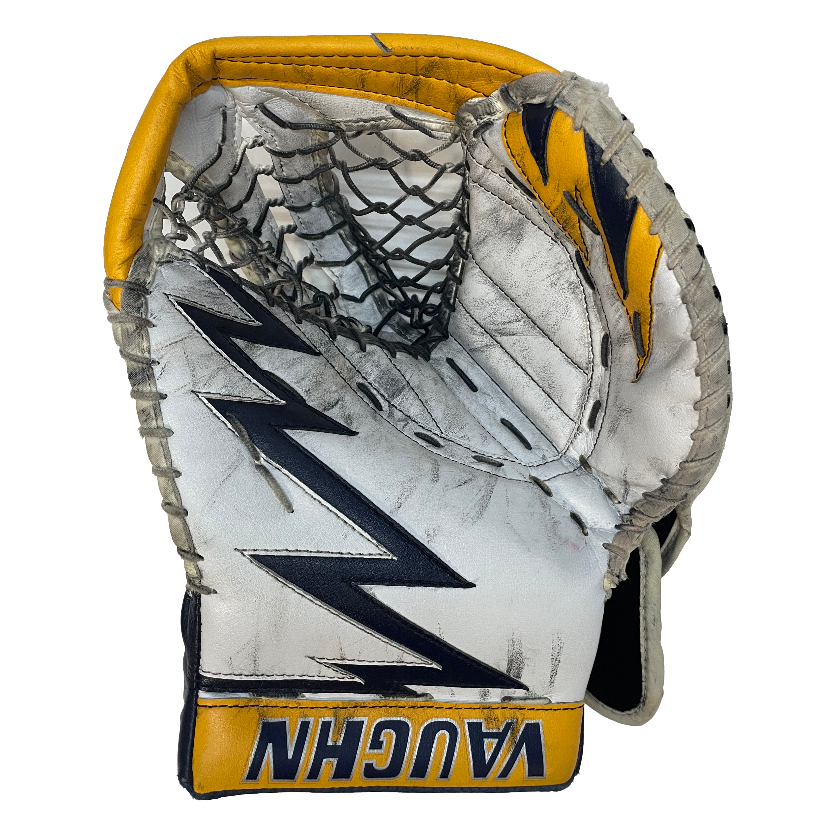 Vaughn Ventus SLR - Jambières de gardien de but Pro Stock d'occasion (blanc/jaune/bleu marine)