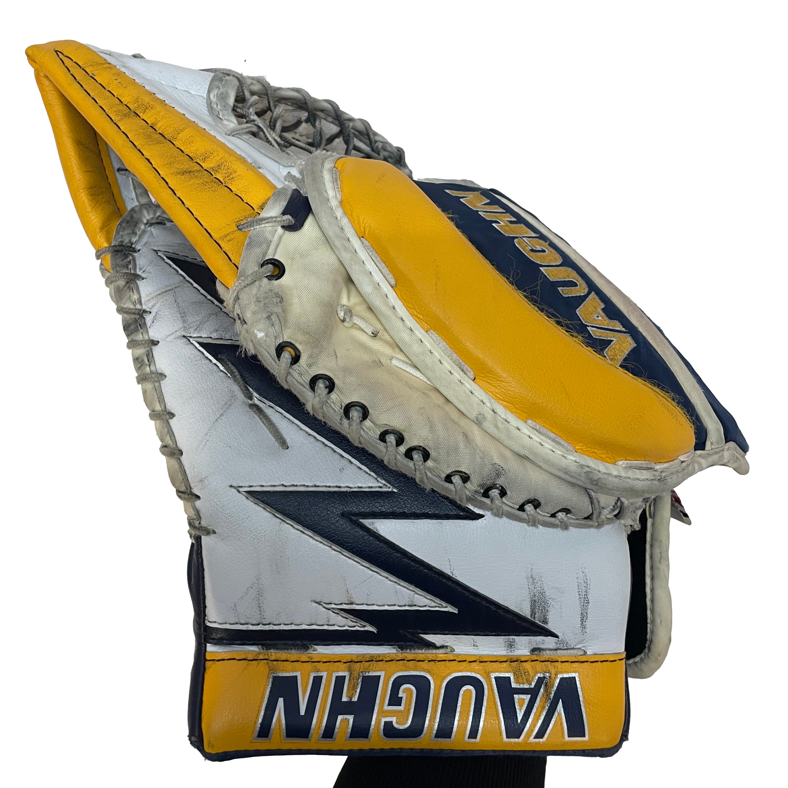 Vaughn Ventus SLR - Jambières de gardien de but Pro Stock d'occasion (blanc/jaune/bleu marine)