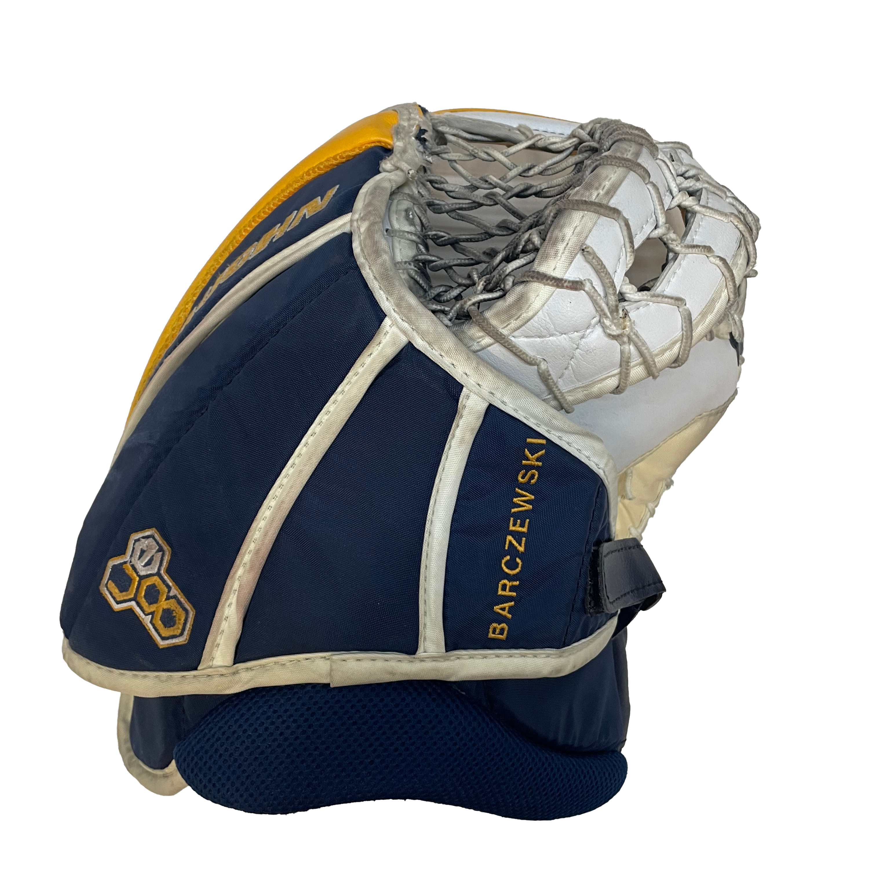 Vaughn Ventus SLR - Jambières de gardien de but Pro Stock d'occasion (blanc/jaune/bleu marine)