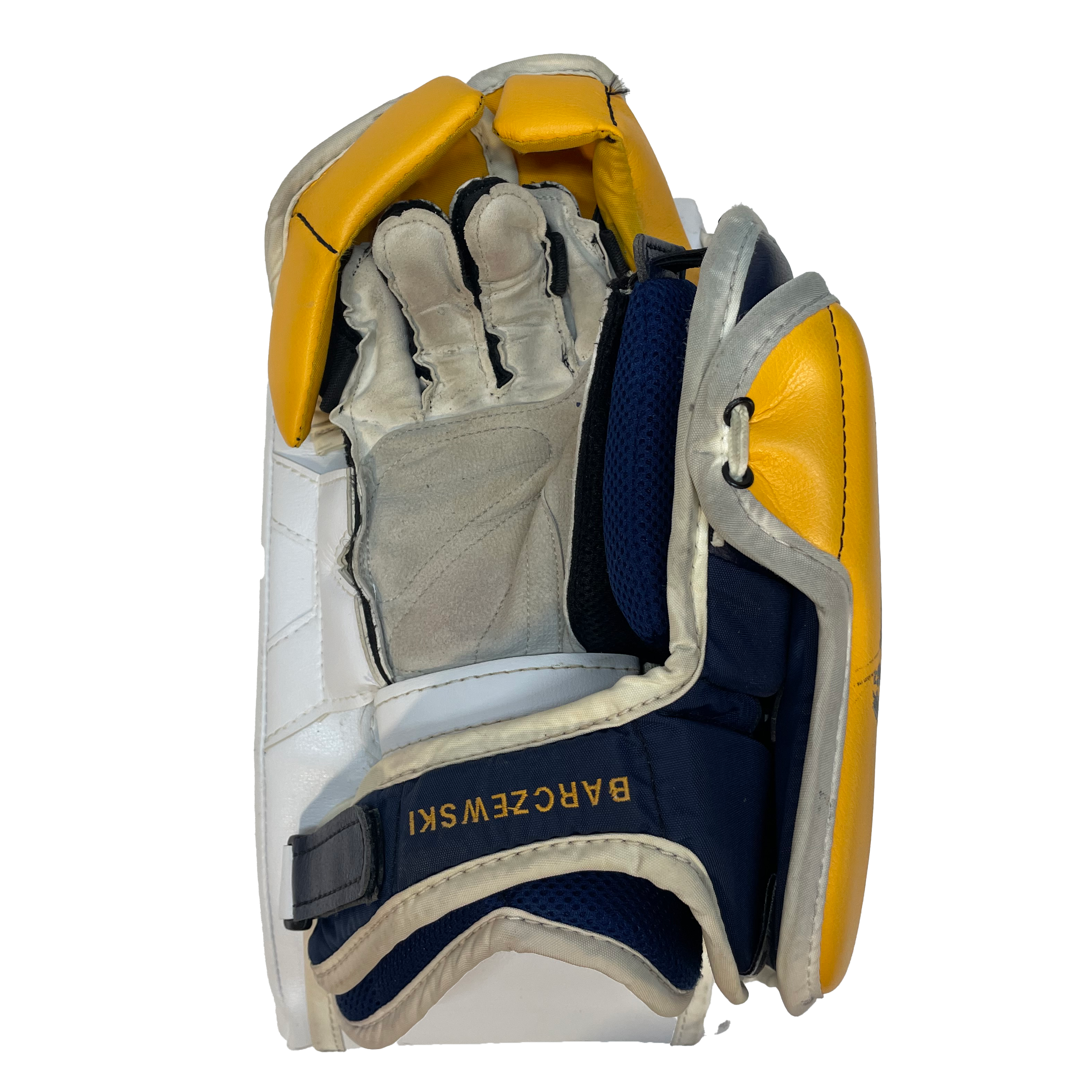 Vaughn Ventus SLR - Jambières de gardien de but Pro Stock d'occasion (blanc/jaune/bleu marine)
