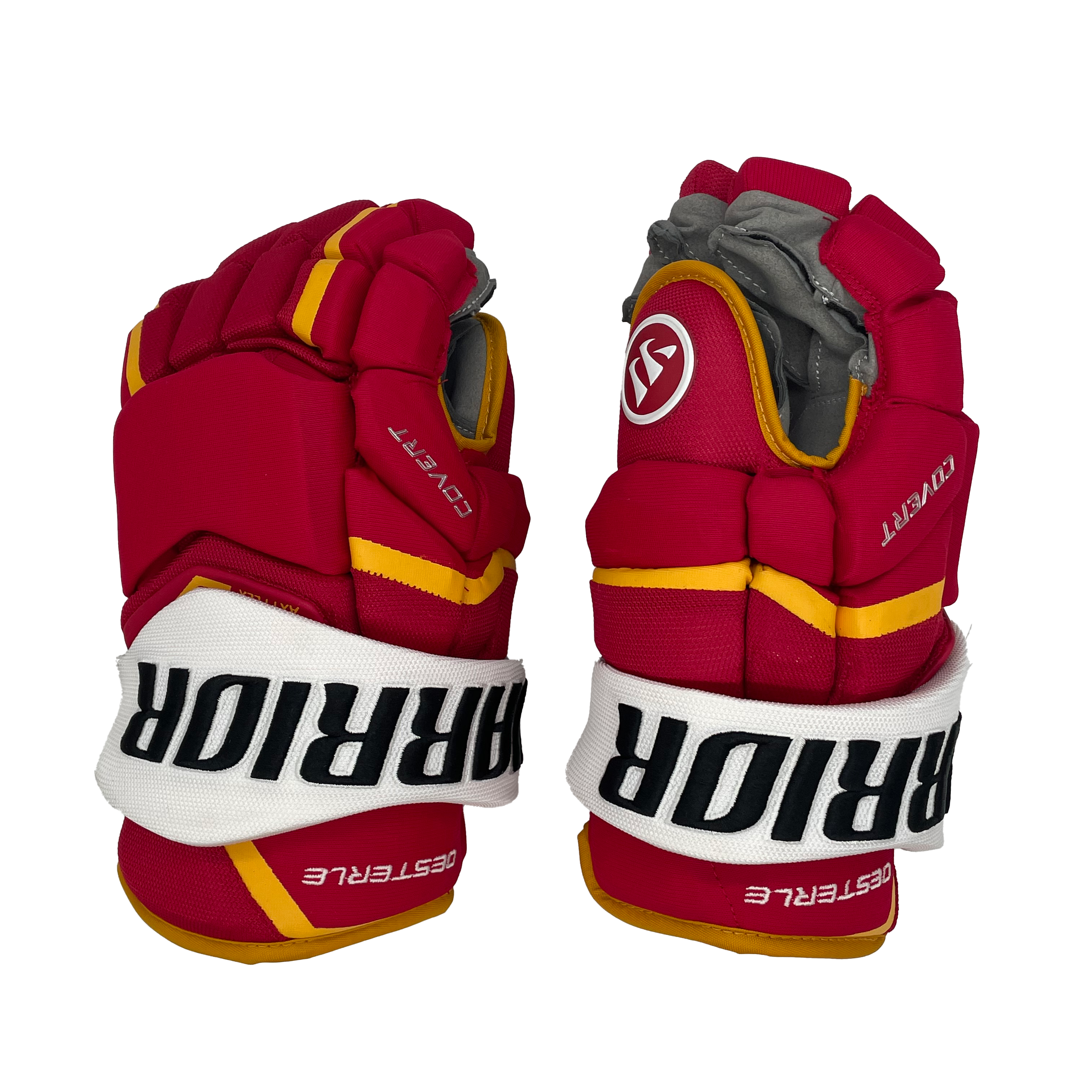 Warrior Covert QRL - Gant NHL Pro Stock - Jordan Oesterle (Rouge/Jaune/Blanc) 