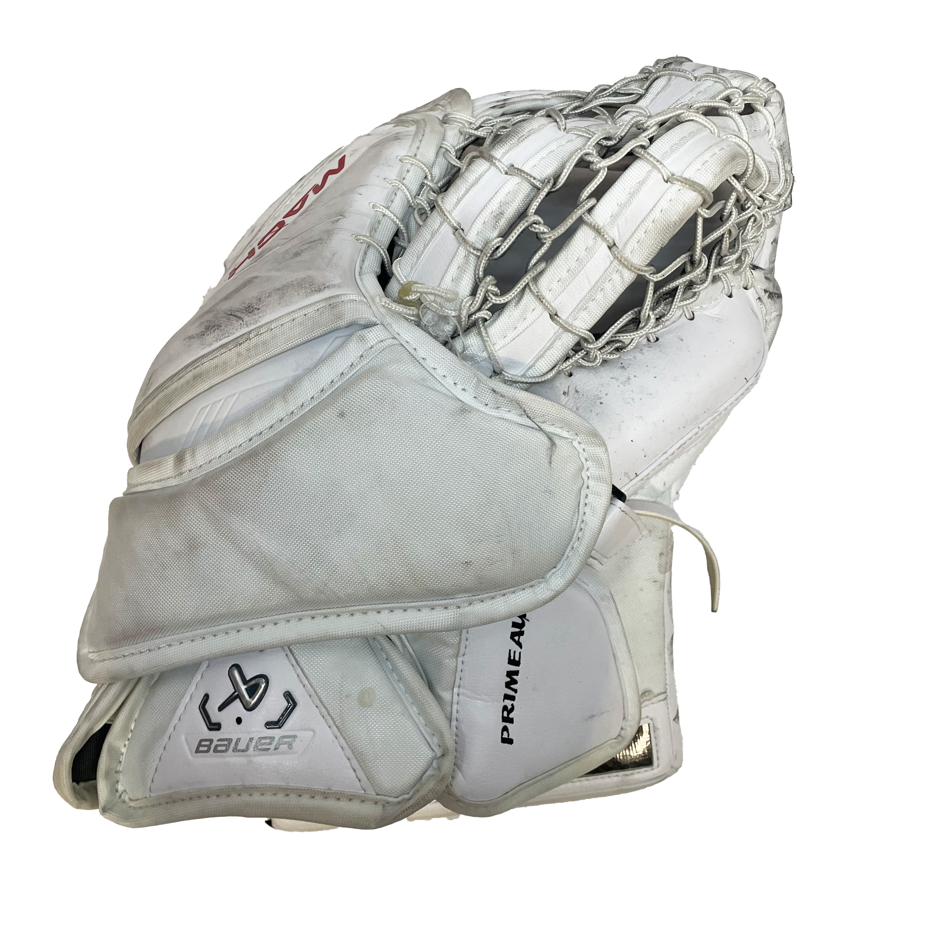 Bauer Supreme Mach - Used Cayden Primeau NHL Pro Stock Goalie Glove - Montreal Canadiens (White/Blue/Red)