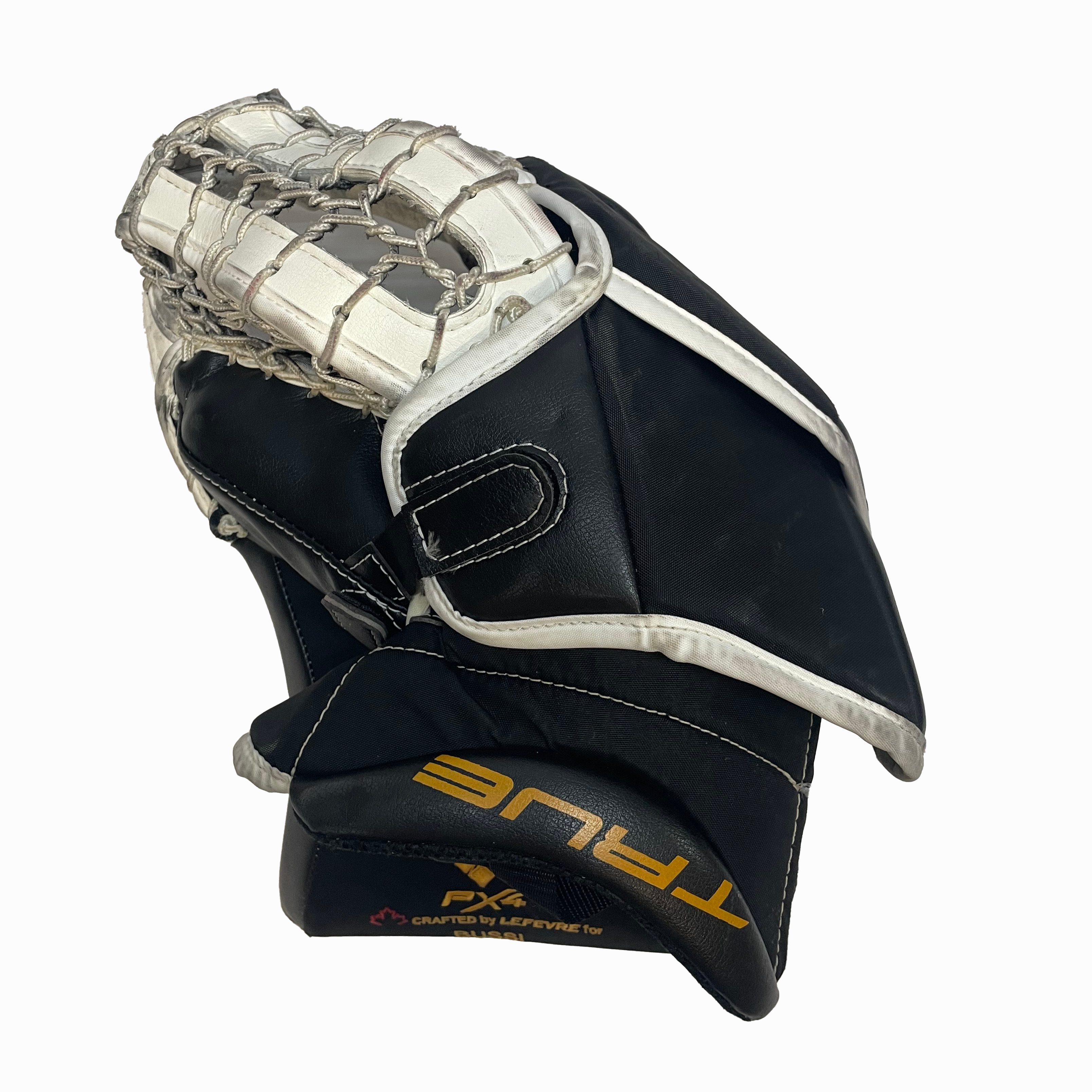 True HZRDUS PX4 - Used Full Right Pro Stock Goalie Glove - Brandon Bussi (White/Black/Yellow) *Practice Palm
