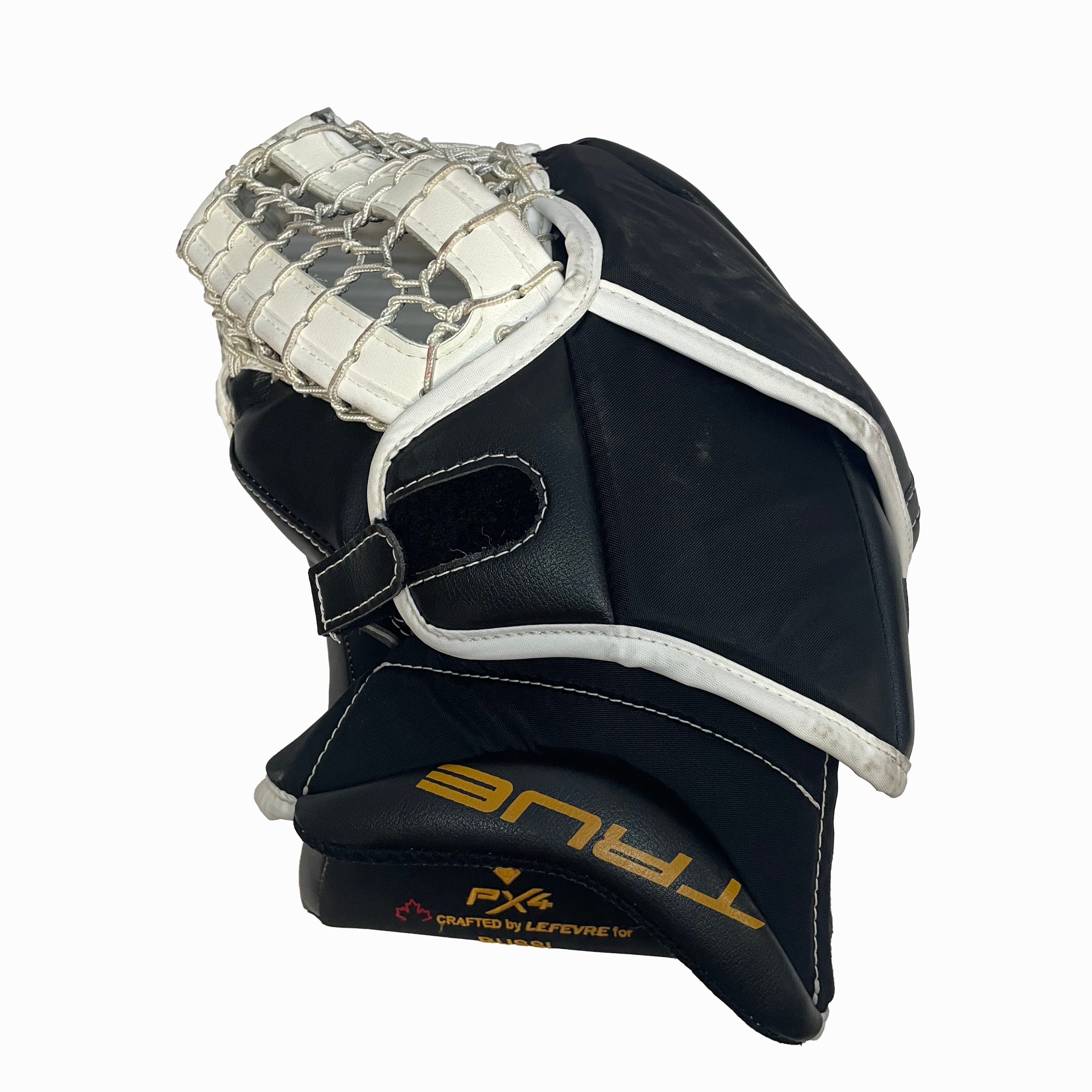 True HZRDUS PX4 - Used Full Right Pro Stock Goalie Glove - Brandon Bussi (White/Black/Yellow)
