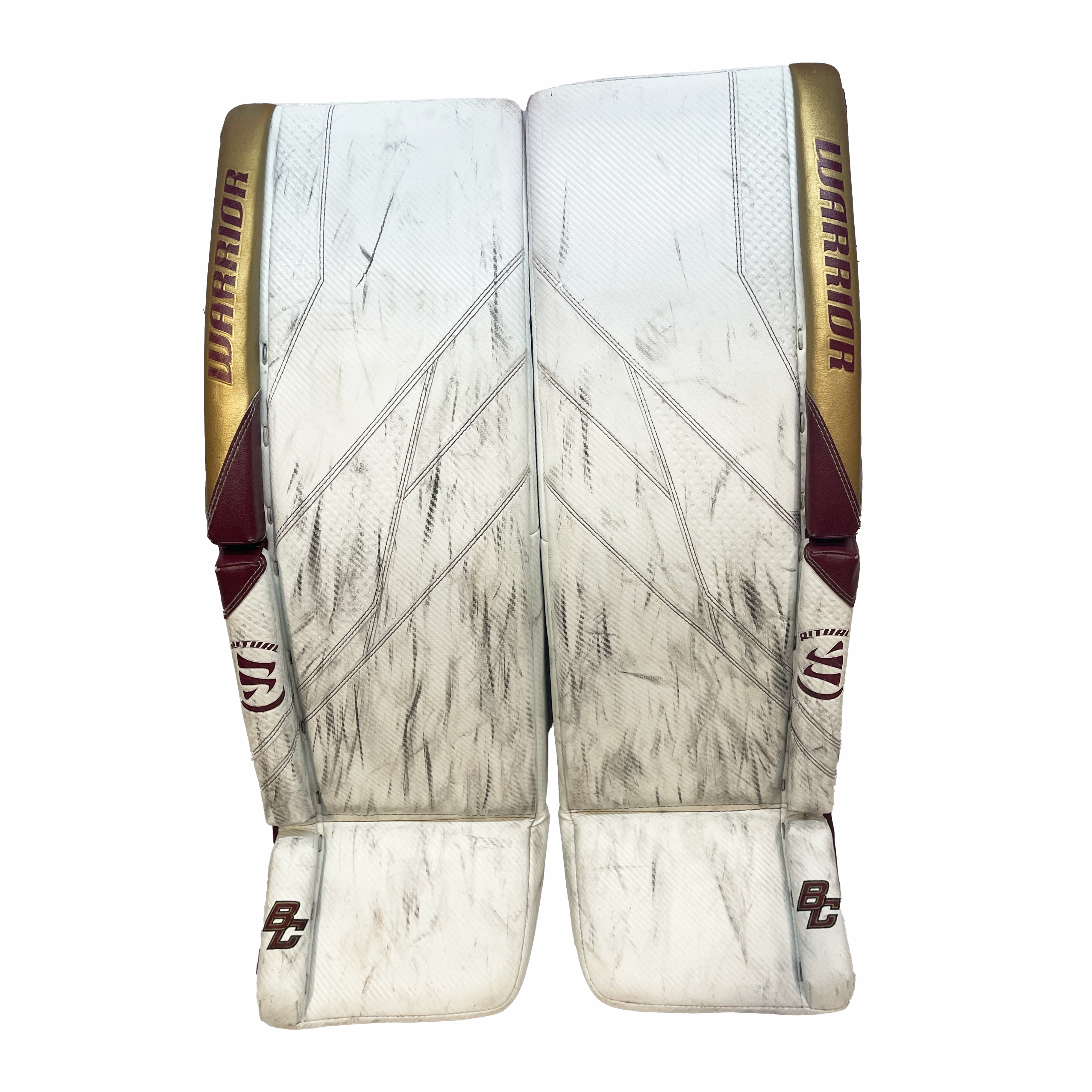 Warrior Ritual G7 Pro - Used NCAA Pro Stock Goalie Pads (White/Maroon/Gold)