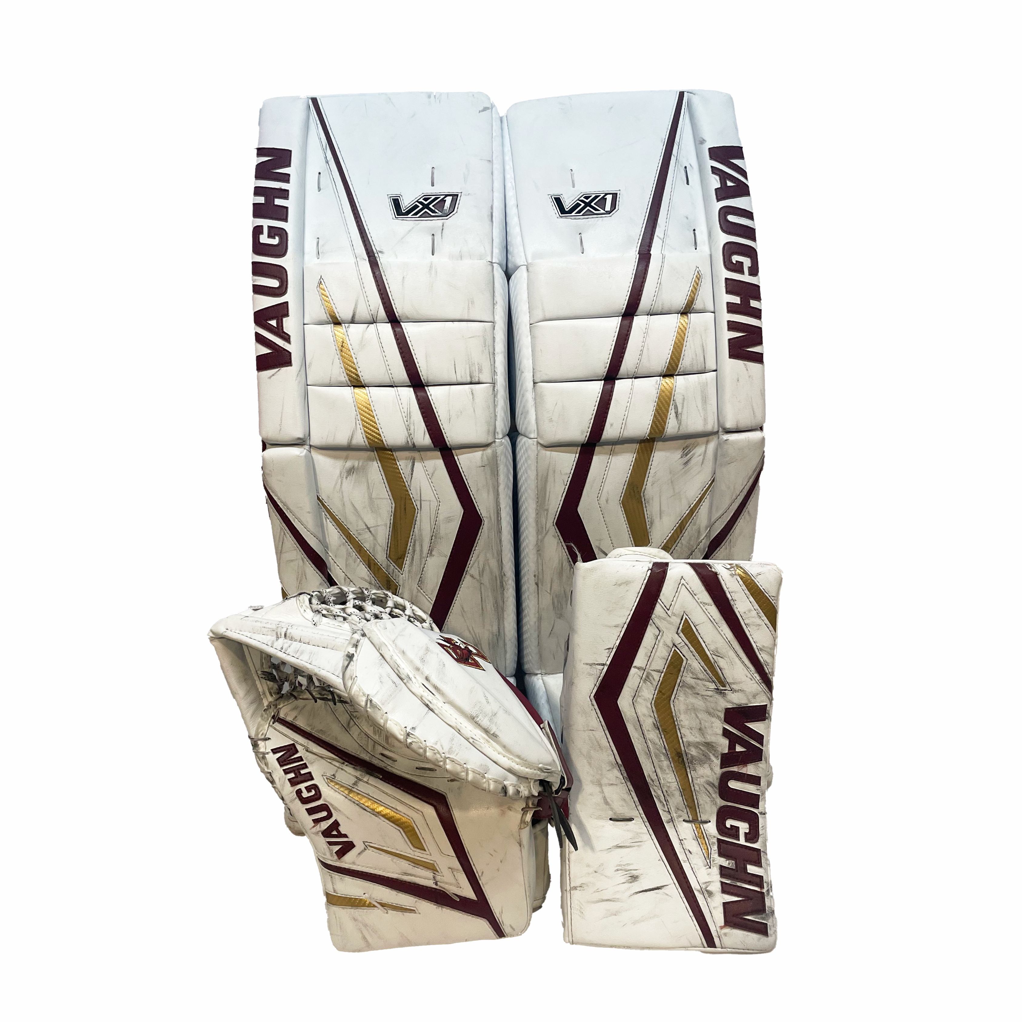 Vaughn Velocity VX1 - Used NCAA Pro Stock Goalie Full Set (White/Maroon/Gold)