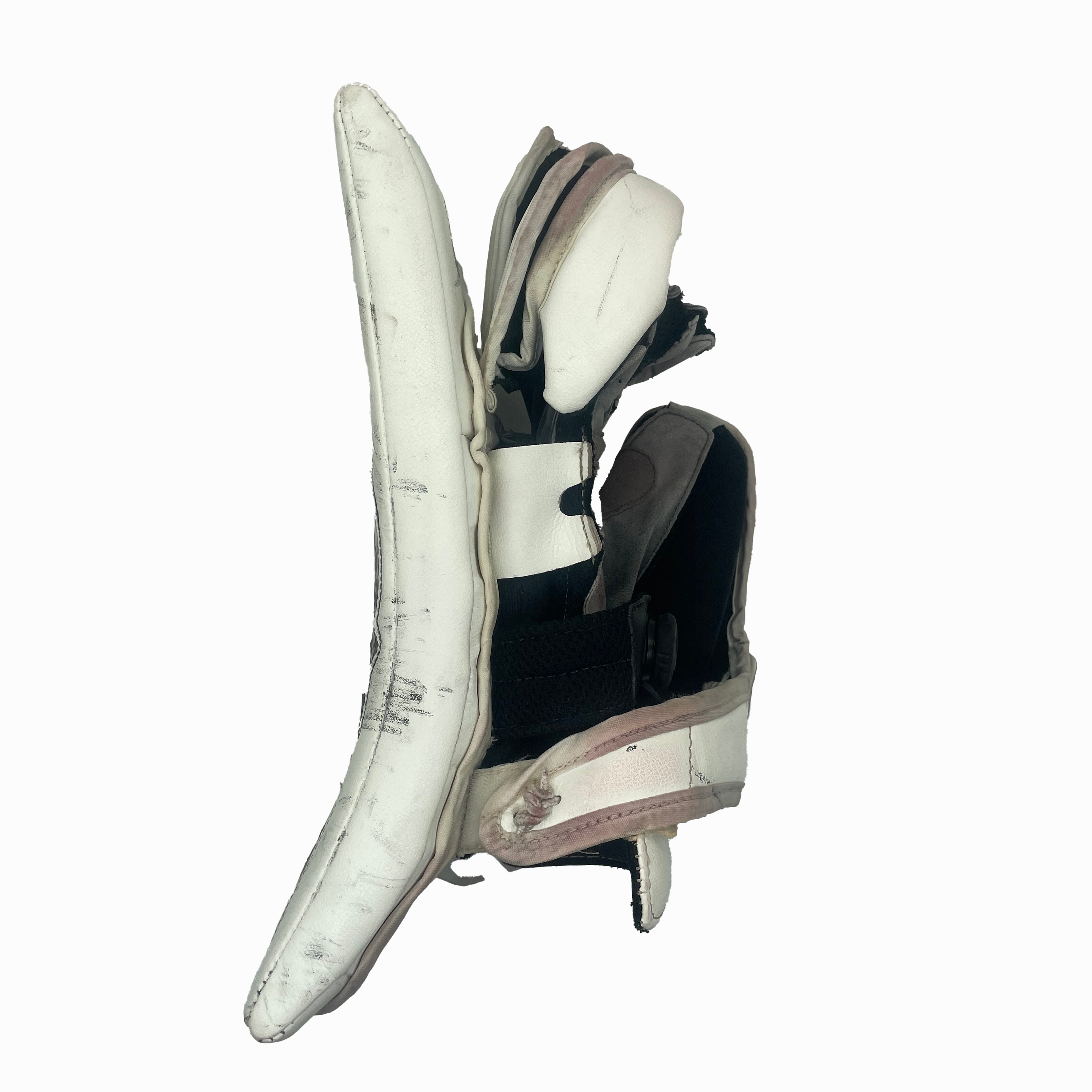 Brians Icon1k - Used AHL Pro Stock Goalie Blocker (White/Red/Yellow)