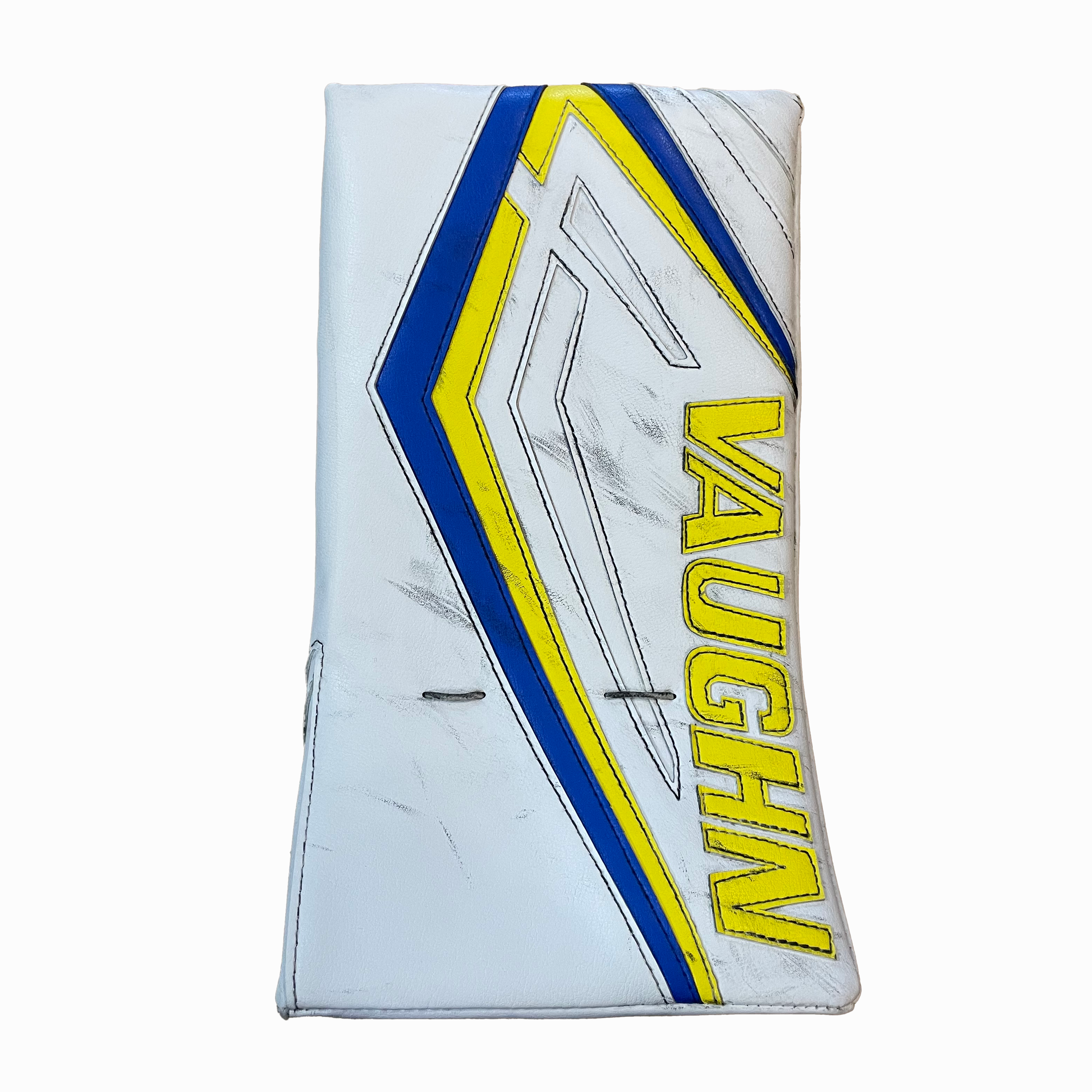 Vaughn Velocity VX1 - Used Pro Stock Goalie Blocker (White/Navy/Yellow)