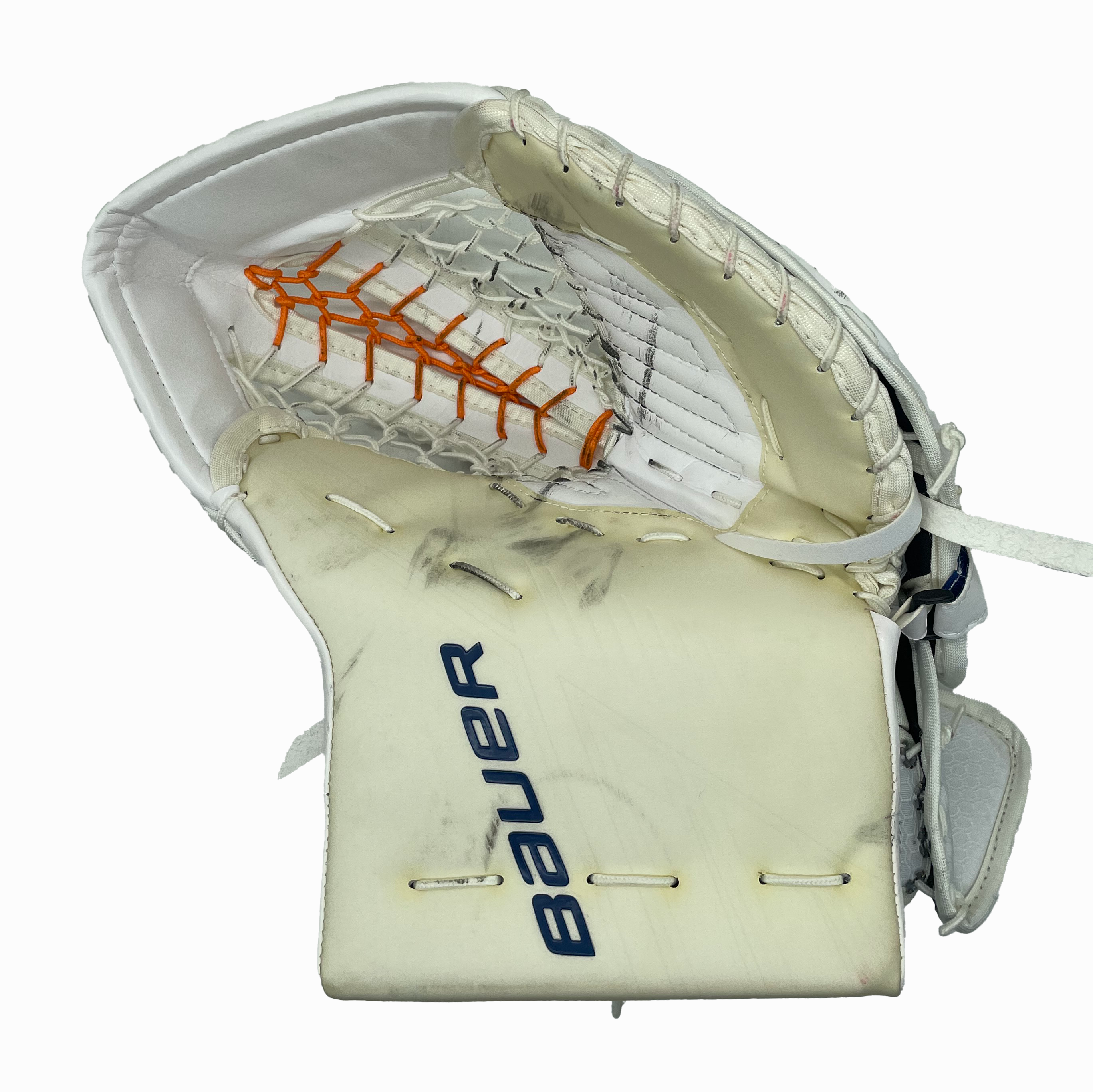 Bauer Supreme Ultrasonic - Used NHL Pro Stock Goalie Glove - Ilya Sorokin (White/Blue/Orange)