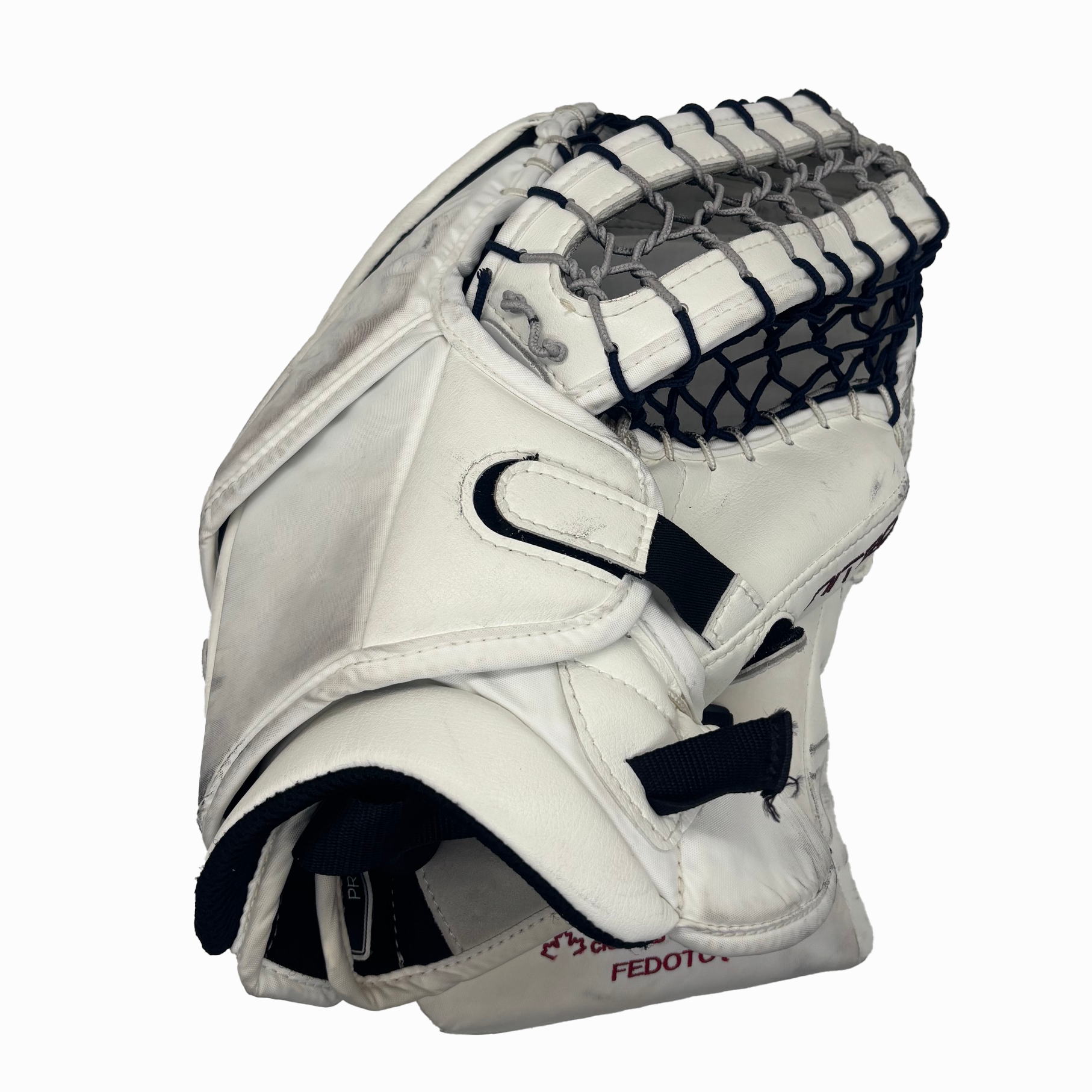 TRUE Catalyst Nitro Pro - Used NHL Pro Stock Goalie Glove - Ivan Fedotov (White/Navy/Red)