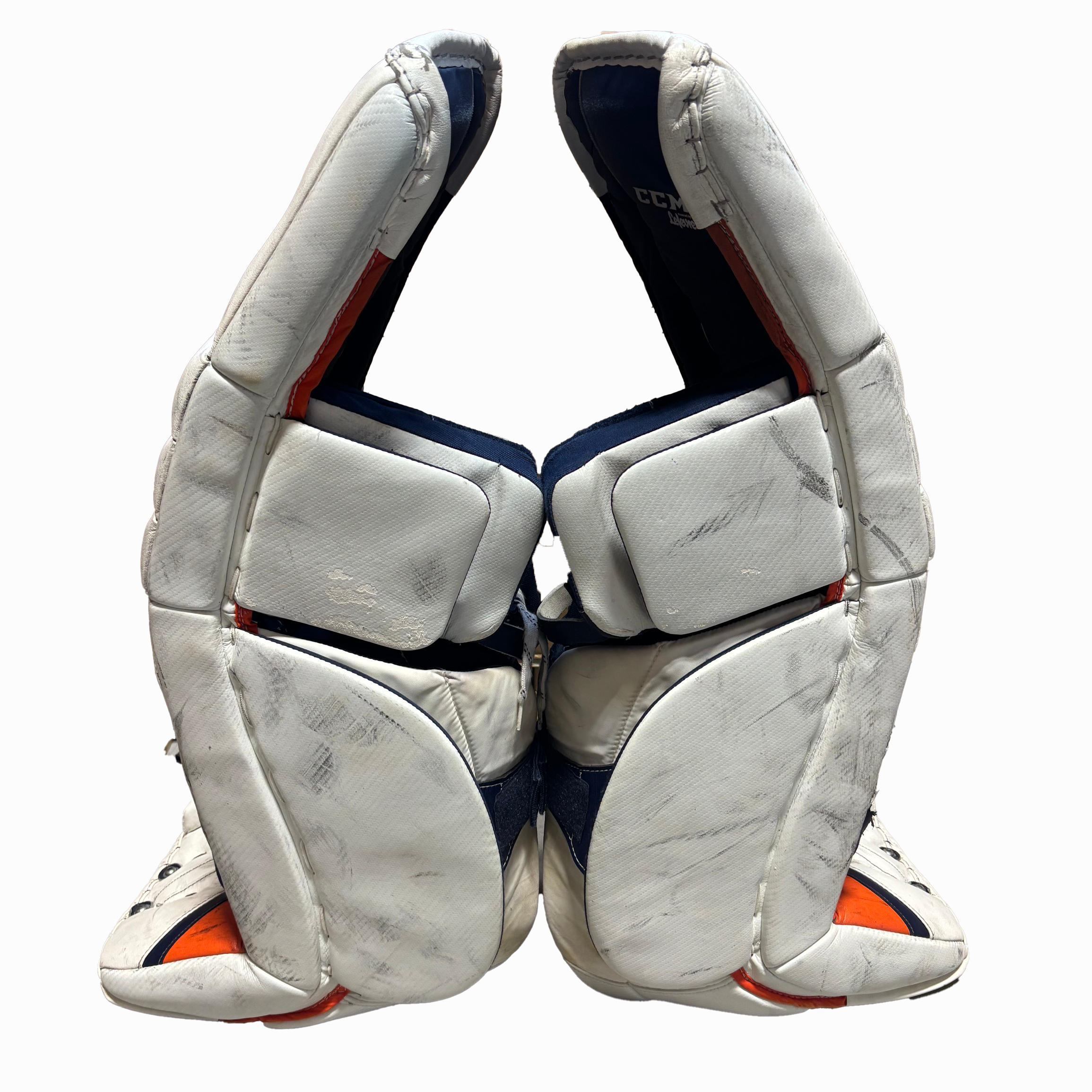 CCM Extreme Flex 4 - Used Pro Stock Goalie Pads (White/Navy/Orange)