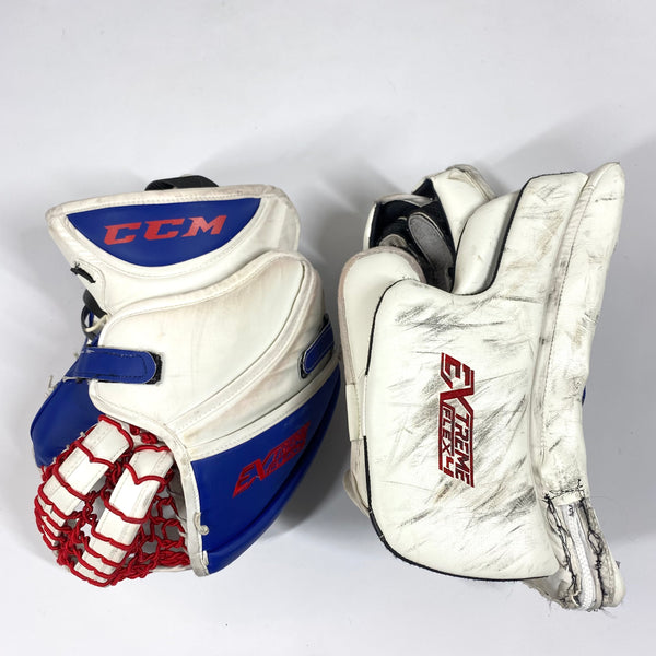 CCM Extreme Flex IV - Used Pro Stock Goalie Pads - Full Set (White/Blue/Red)