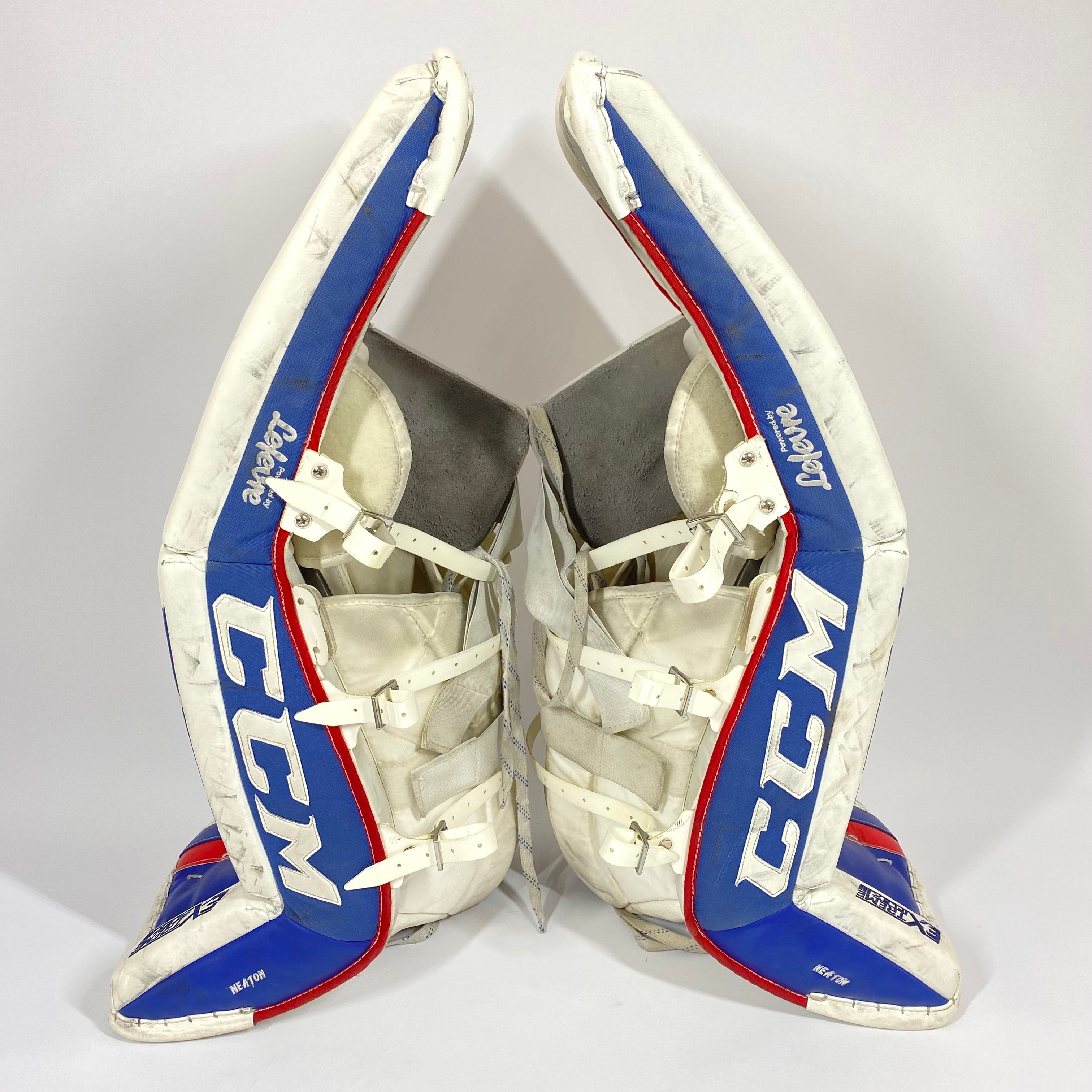 CCM Extreme Flex III - Used Pro Stock Goalie Pads - Full Set (White/Blue/Red)
