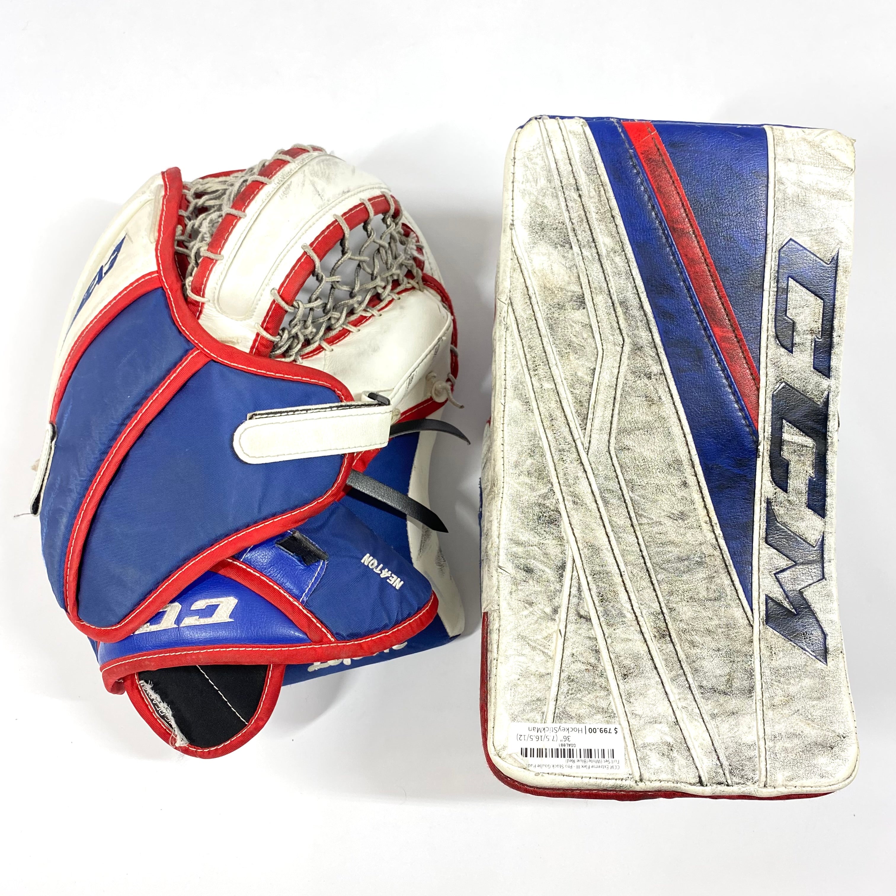 CCM Extreme Flex III - Used Pro Stock Goalie Pads - Full Set (White/Blue/Red)