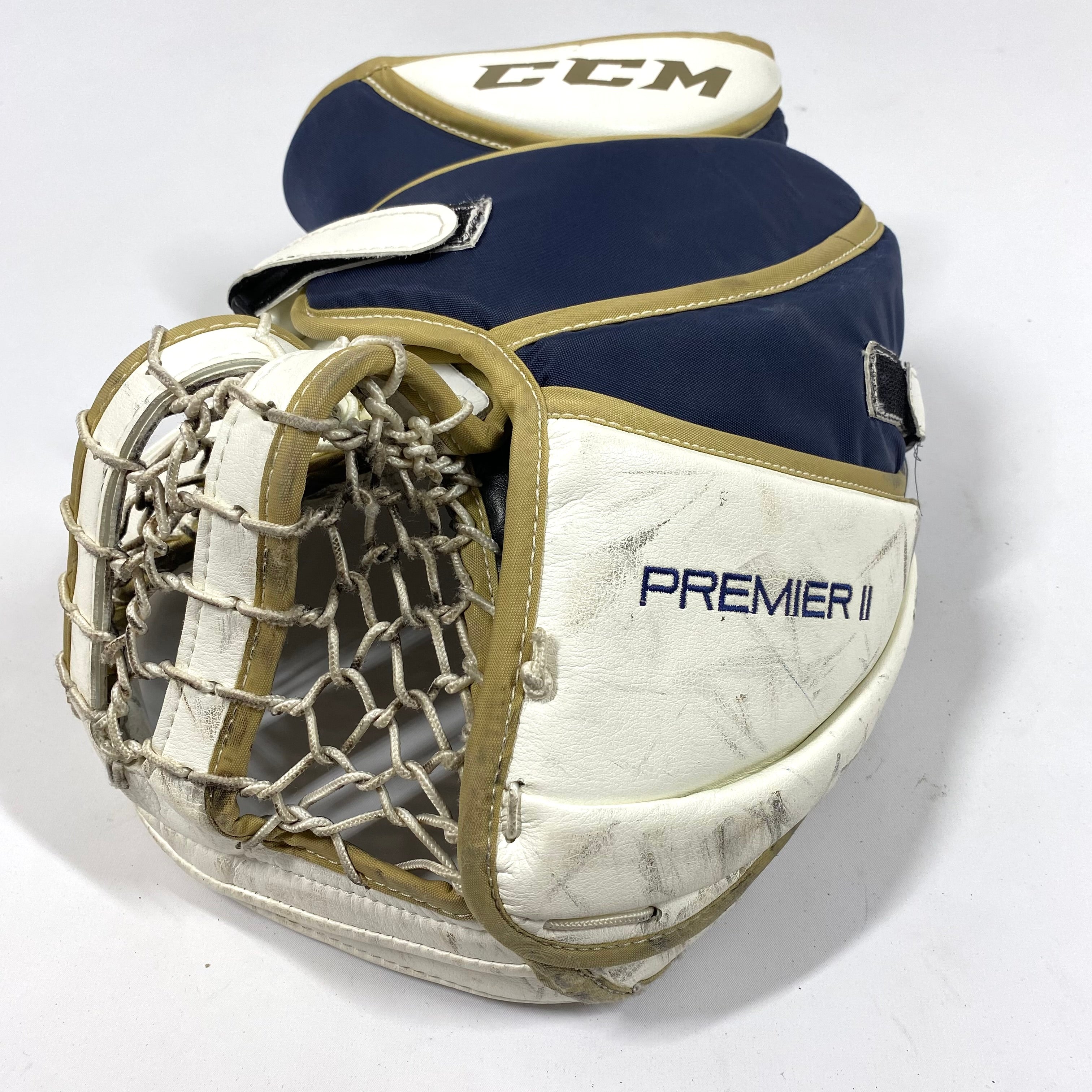 CCM Premier II - Gant de gardien de but Pro Stock d'occasion (blanc/or/bleu marine)