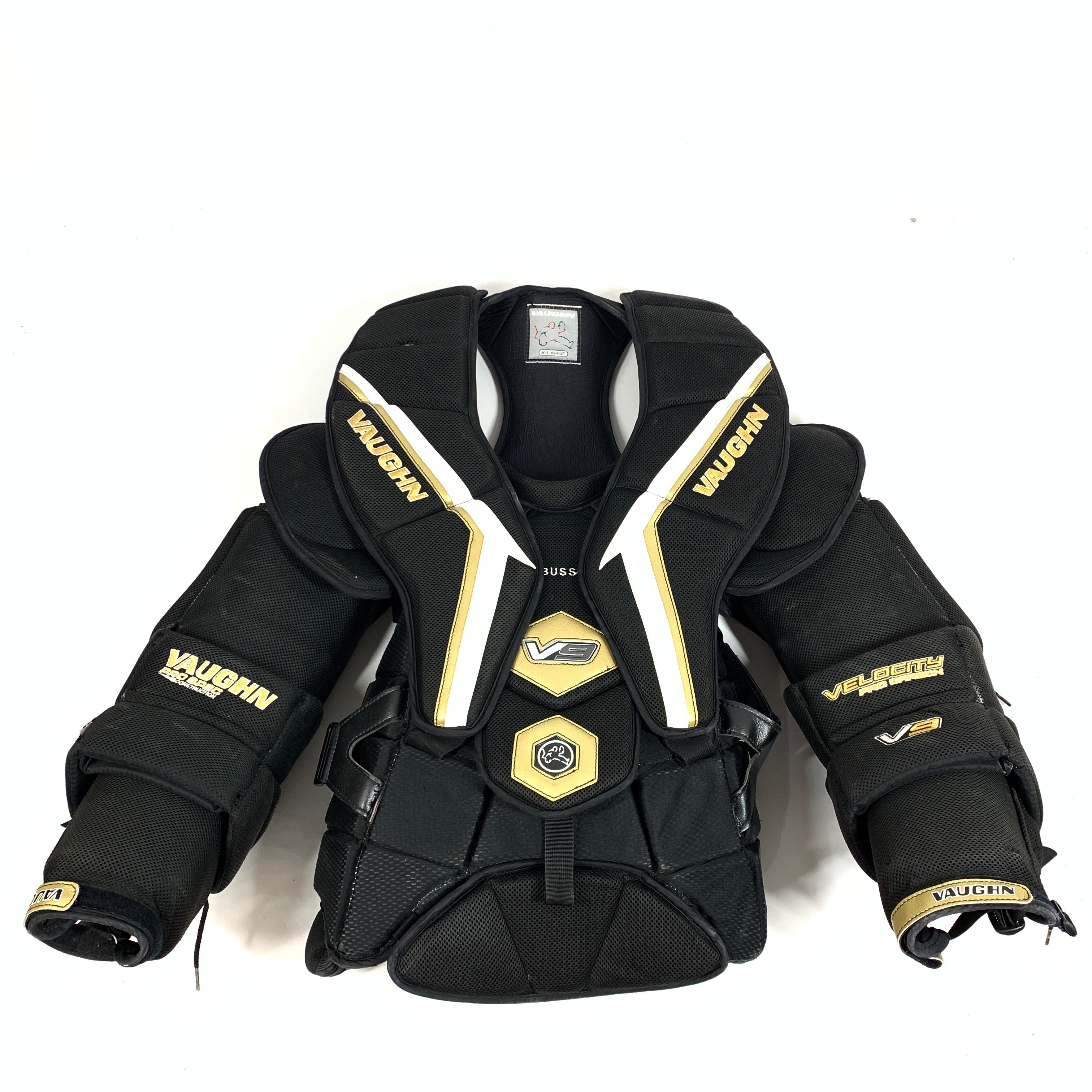 Vaughn Velocity V9 - Plastron de gardien de but Pro Stock d'occasion (noir/blanc/or)