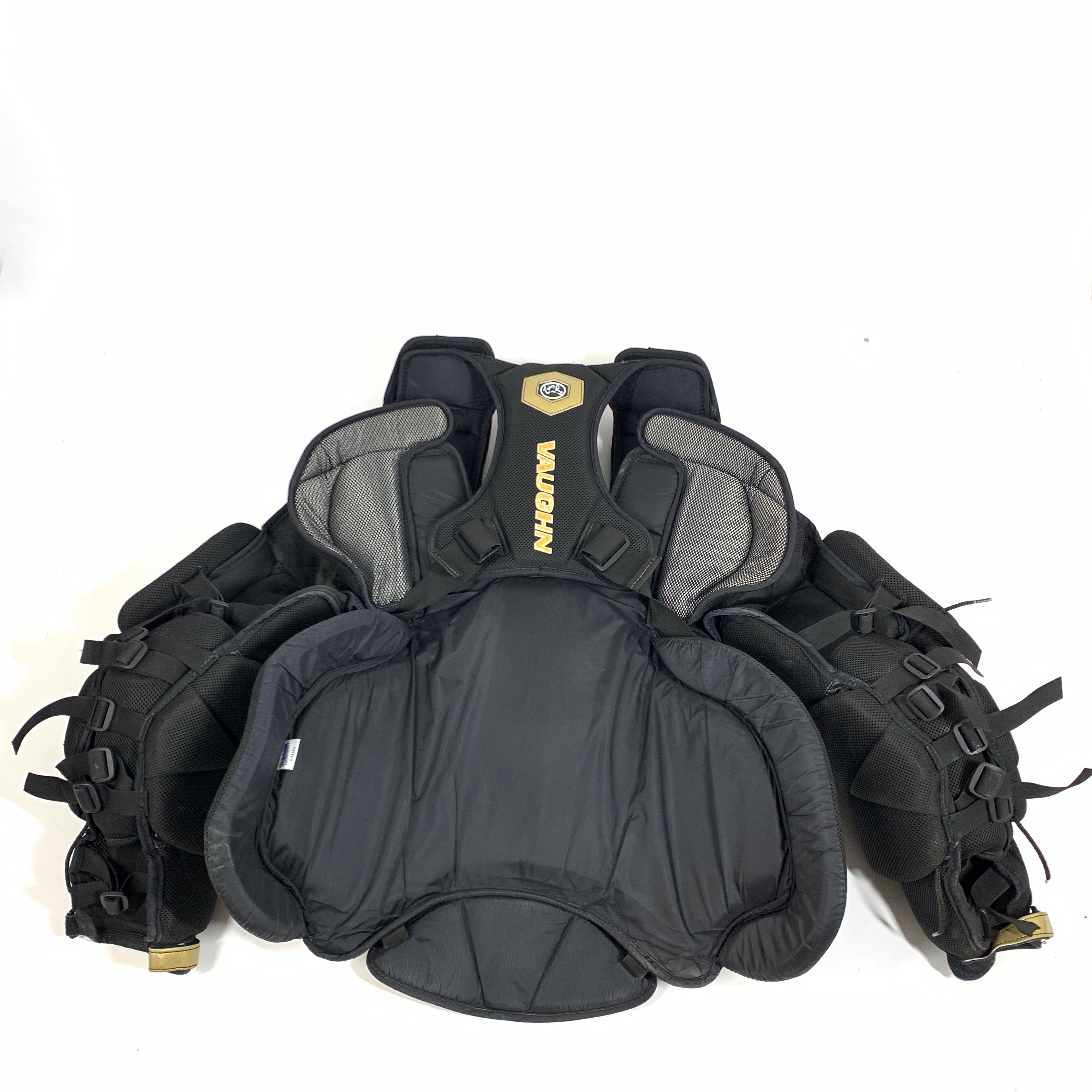 Vaughn Velocity V9 - Plastron de gardien de but Pro Stock d'occasion (noir/blanc/or)