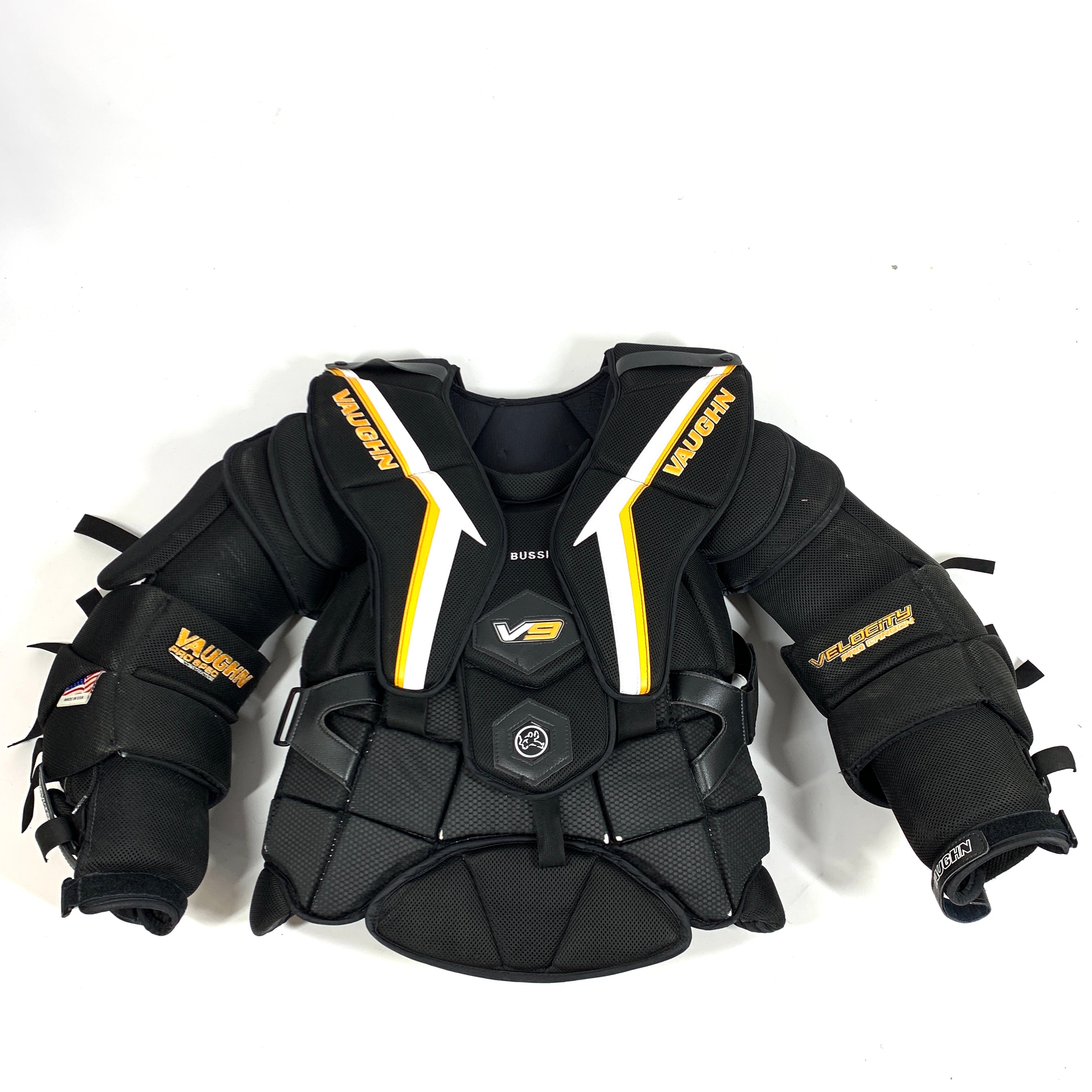 Vaughn Velocity V9 - Plastron de gardien de but Pro Stock d'occasion (noir/blanc/jaune)