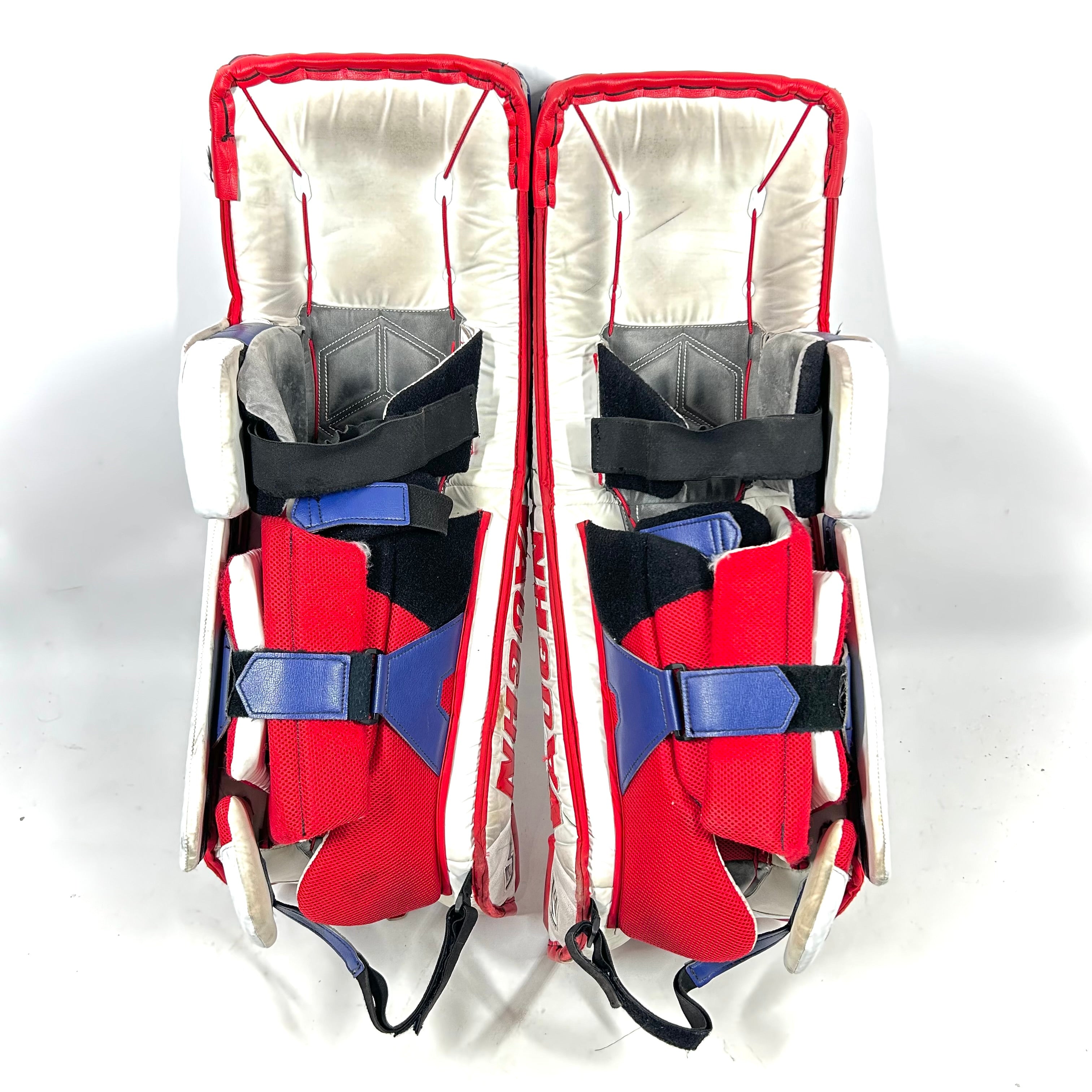 Vaughn Velocity V9 – Jambières de gardien senior OHL Pro Stock d'occasion (blanc/rouge/bleu)