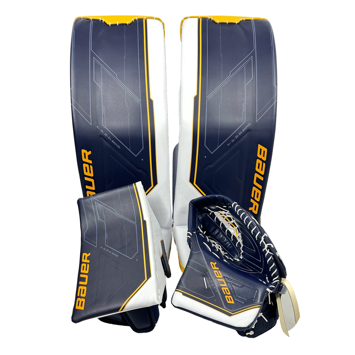 Bauer Custom Shells Bauer Supreme Mach - OHL Pro Stock Goalie Pads (Navy/White/Yellow ...