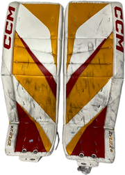 CCM Extreme Flex 6 - Used NHL Pro Stock Goalie Pads - Dustin Wolf (White/Yellow/Red)