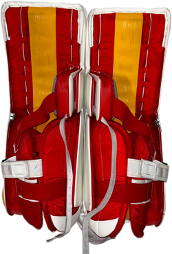 CCM Extreme Flex 6 - Used NHL Pro Stock Goalie Pads - Dustin Wolf (White/Yellow/Red)