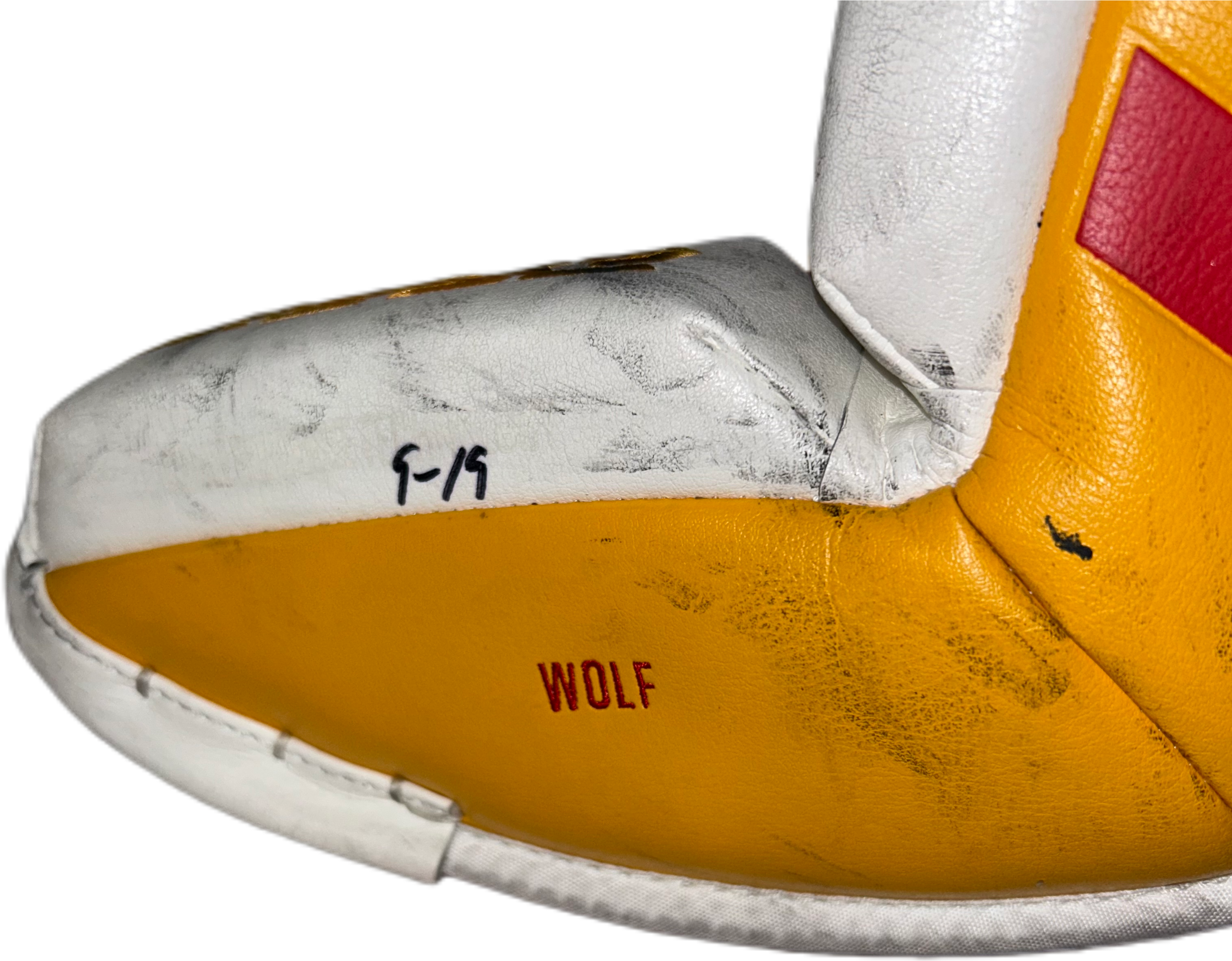 CCM Extreme Flex 6 - Used NHL Pro Stock Goalie Pads - Dustin Wolf (White/Yellow/Red)