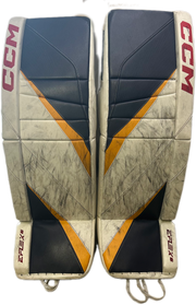CCM Extreme Flex 6 - Jambières de gardien de but Pro Stock d'occasion (blanc/bleu marine/jaune)