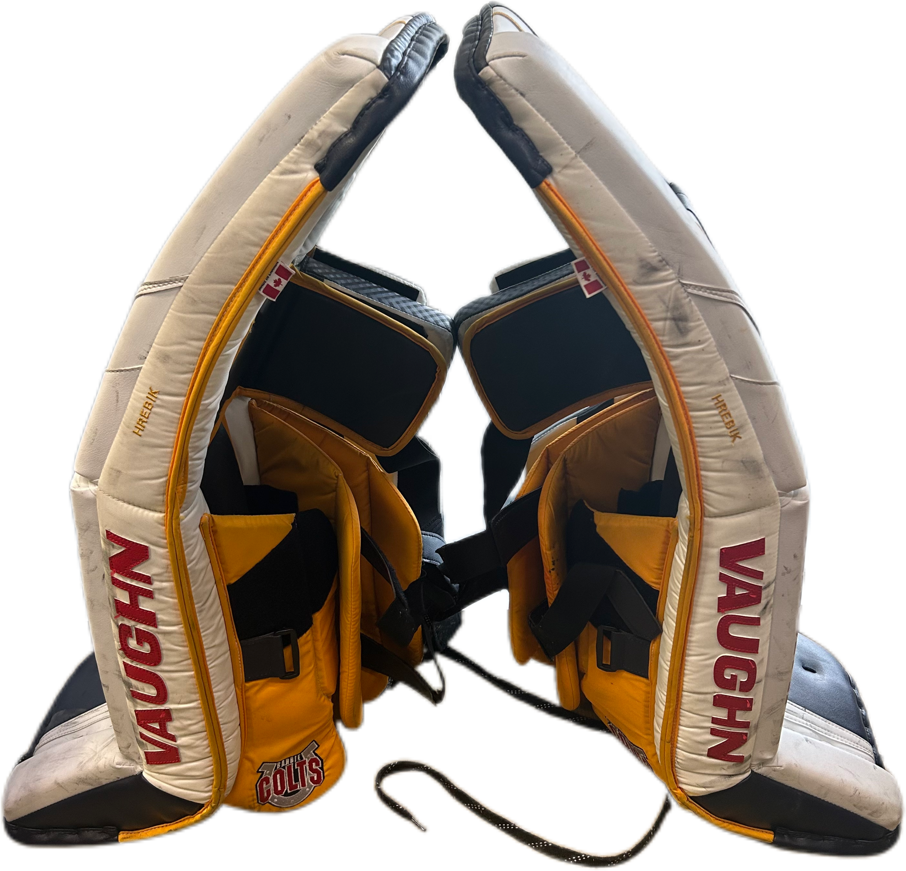 Vaughn Velocity V10 - Jambières de gardien de but Pro Stock d'occasion (blanc/bleu marine/jaune)