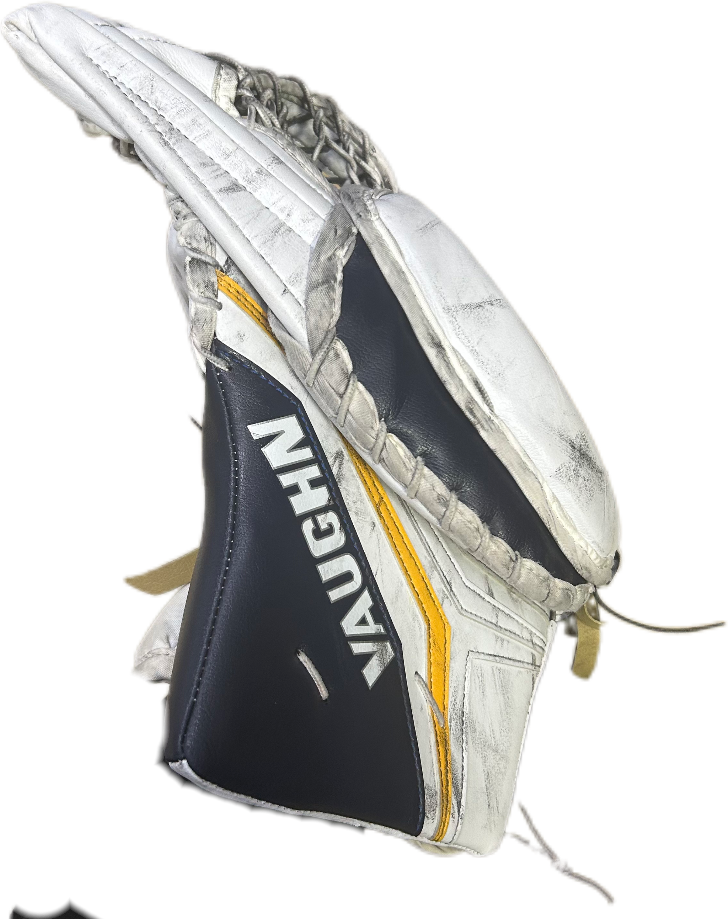 Vaughn Velocity V10 - Ensemble complet de gardien de but Pro Stock d'occasion (blanc/bleu marine/jaune)
