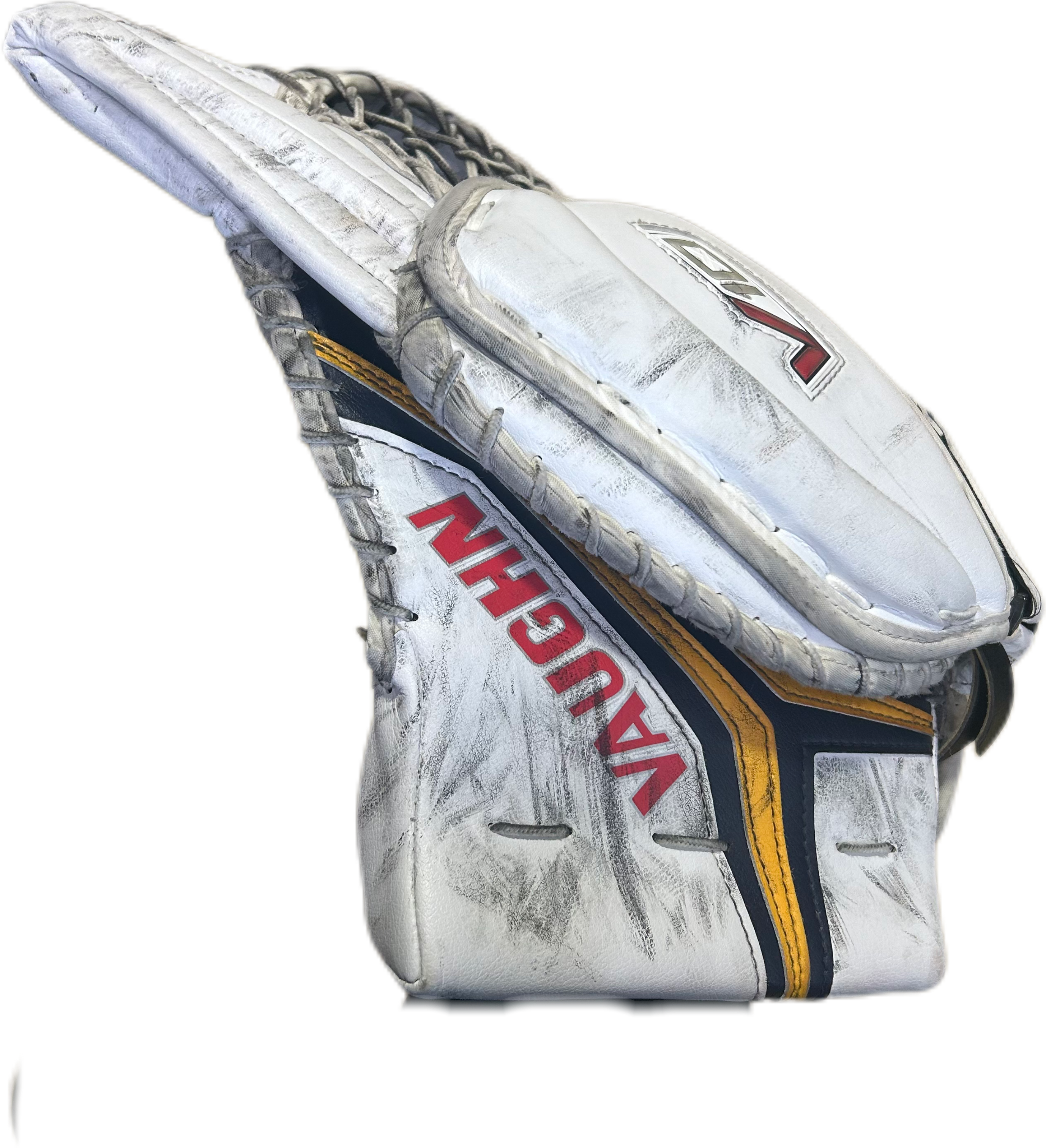Vaughn Velocity V10 - Gant de gardien de but Pro Stock d'occasion (blanc/bleu marine/jaune)