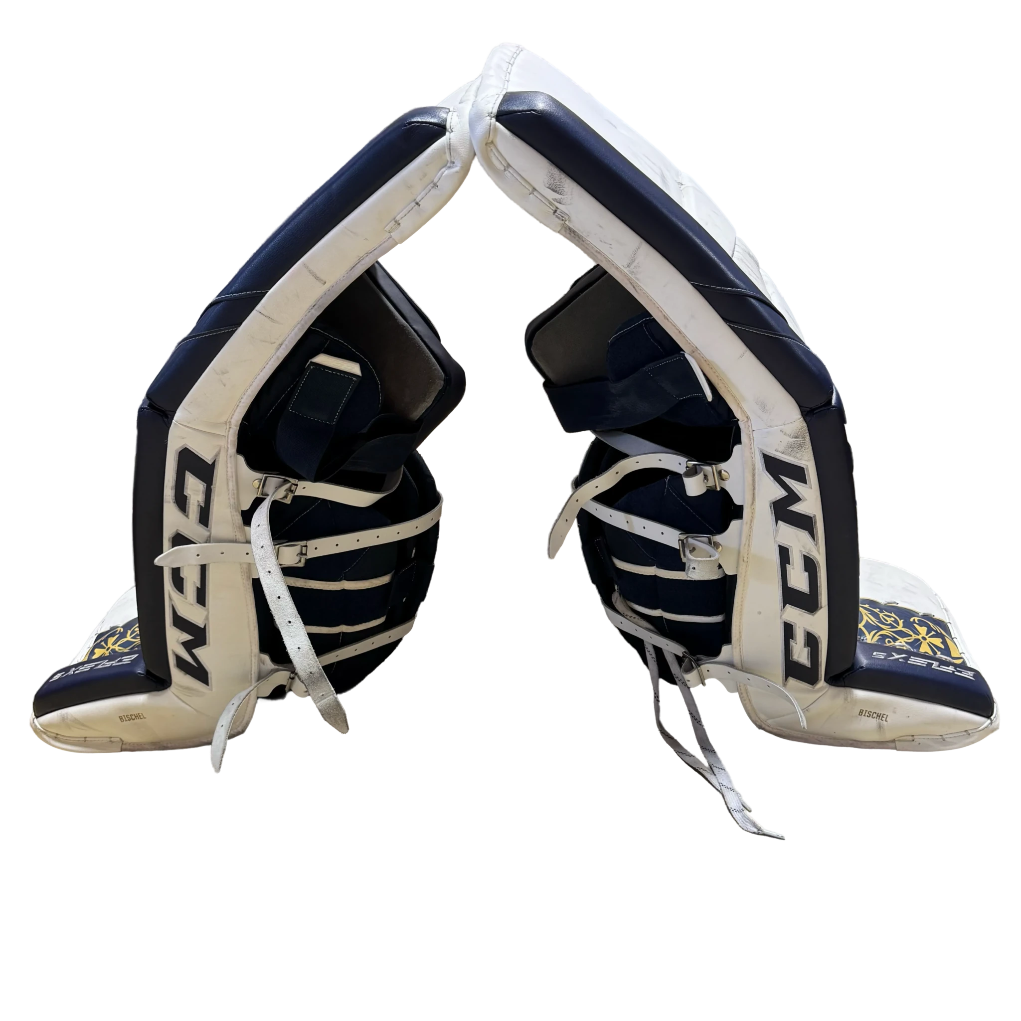 CCM Extreme Flex 5 - Used NCAA Pro Stock Goalie Pads (White/Navy/Gold)